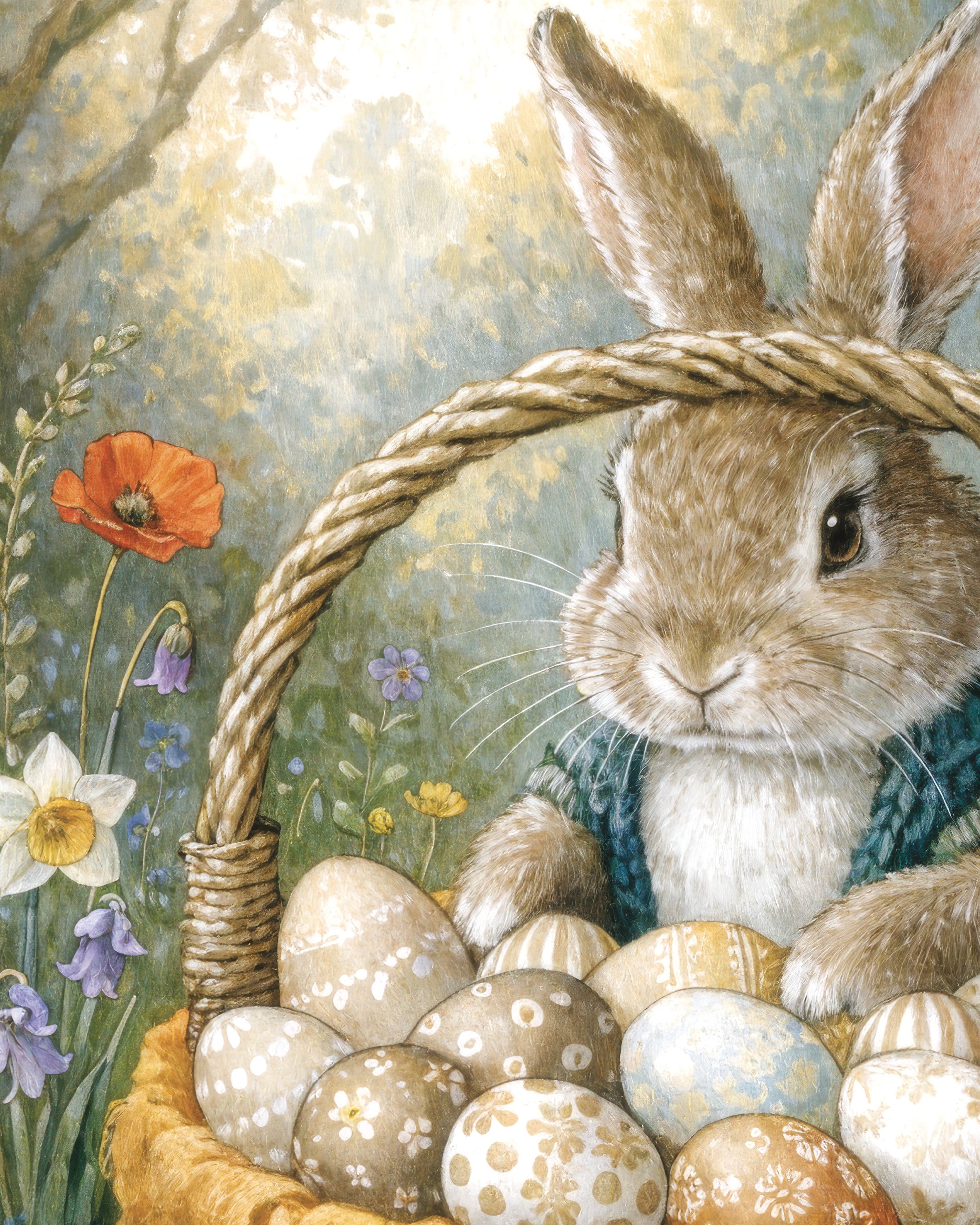 Cesta de conejo de Pascua con huevos pintados Pósters