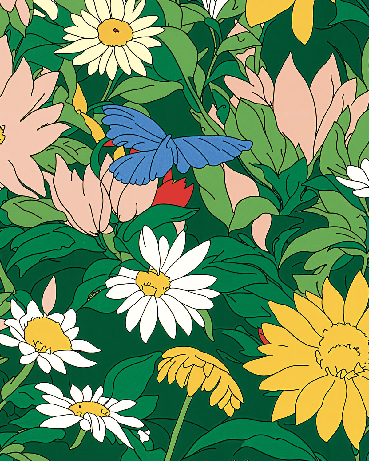 Ilustración de un estampado floral colorido con margaritas blancas y amarillas, flores rosas, hojas verdes y una mariposa azul sobre un fondo verde oscuro.