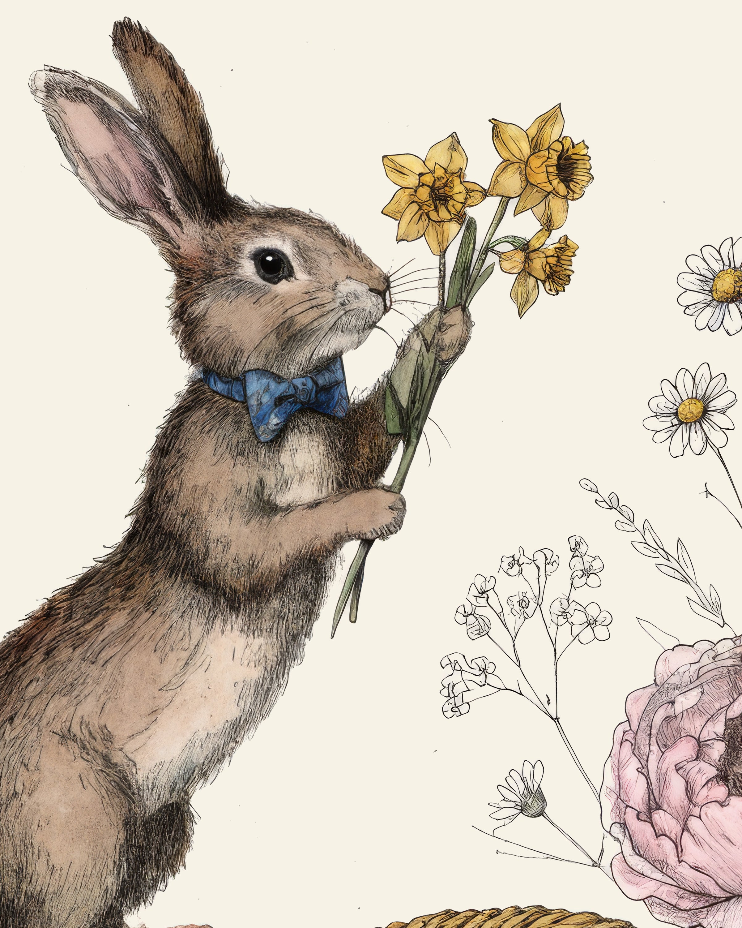 Lámina decorativa de conejo con pajarita y cesta de Pascua - Póster