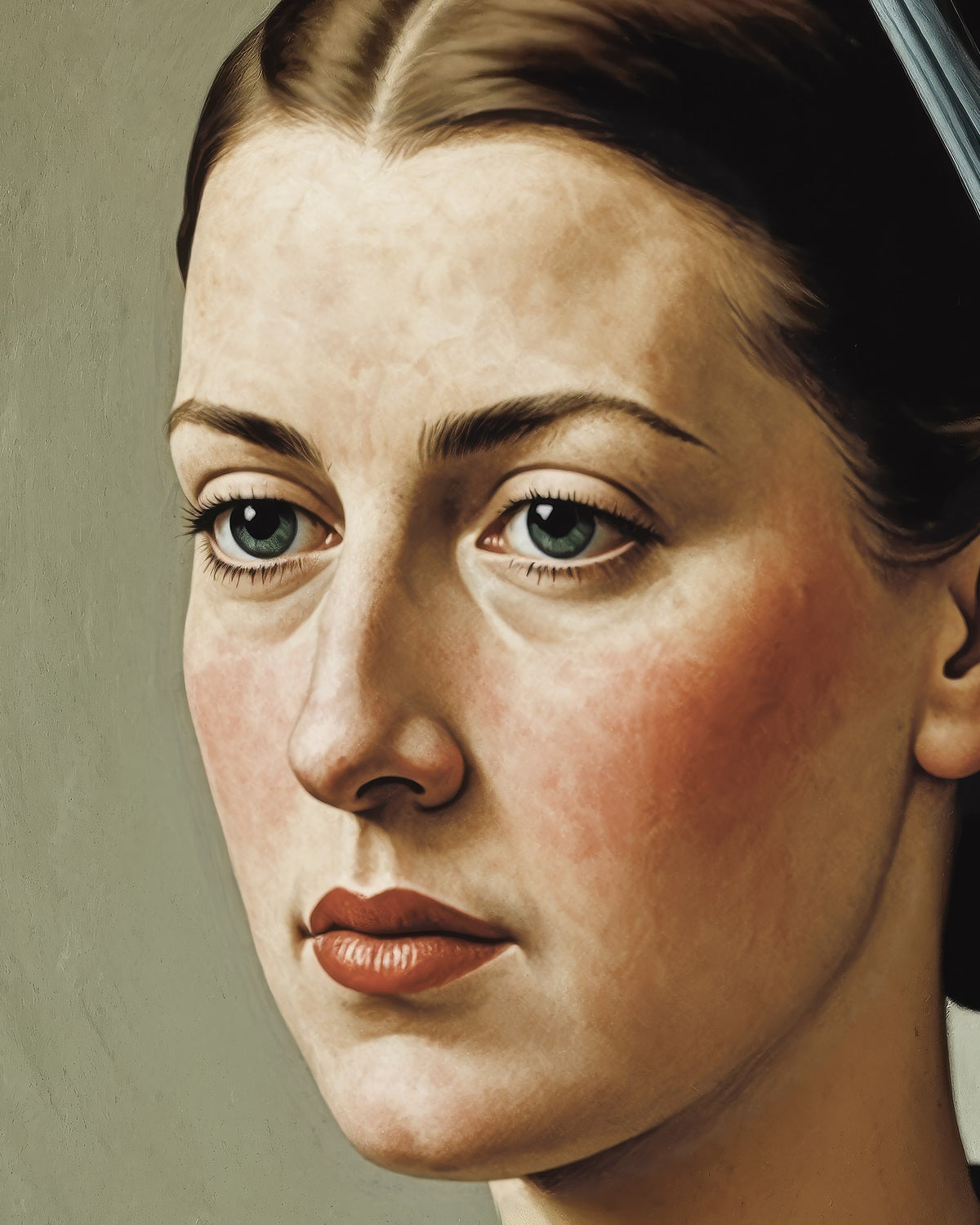 Retrato cercano de una joven de ojos azules que mira a lo lejos