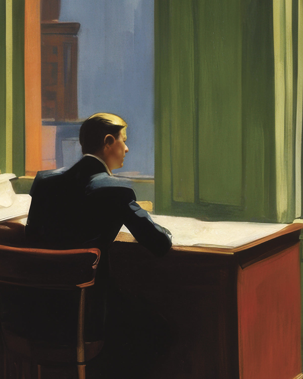 Pintura de un hombre con traje oscuro sentado en un escritorio junto a una ventana con cortinas verdes, mirando hacia fuera. La escena está representada en tonos cálidos marrones, verdes, azules y rojos.