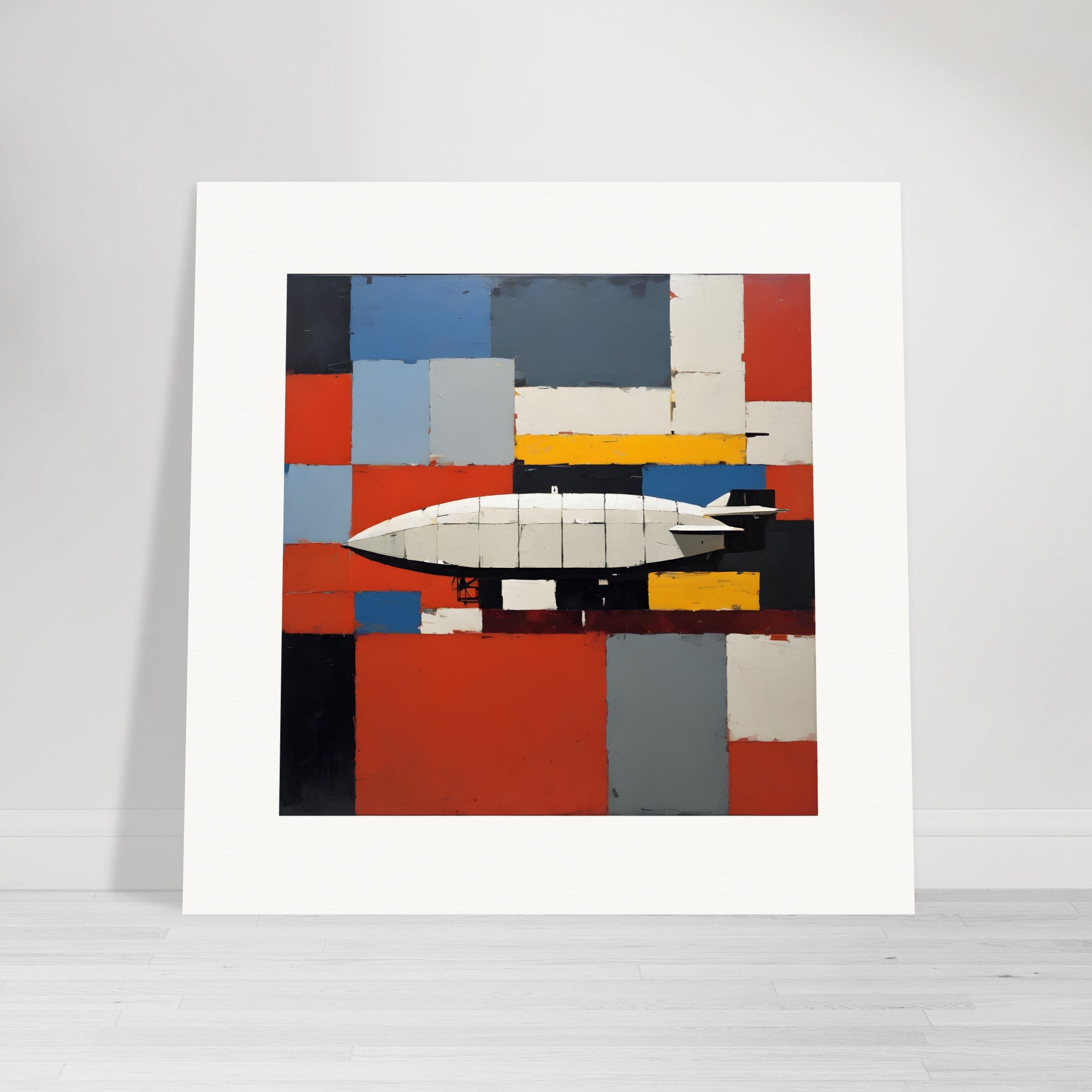 Abstracción figurativa, formas geométricas gruesas y texturizadas, un zepelín - Póster