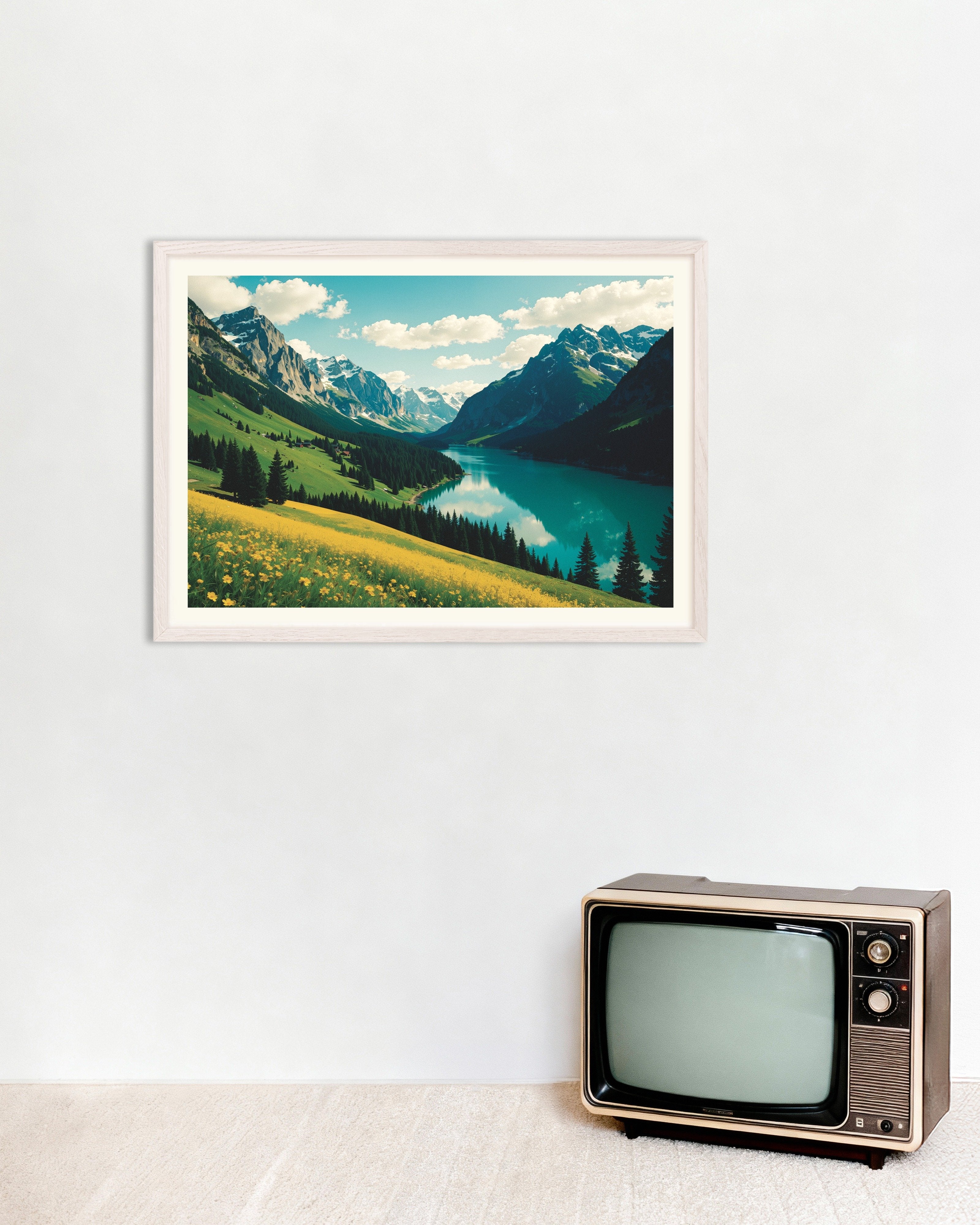 Poster of Alpine valley lake view, with white wooden frame