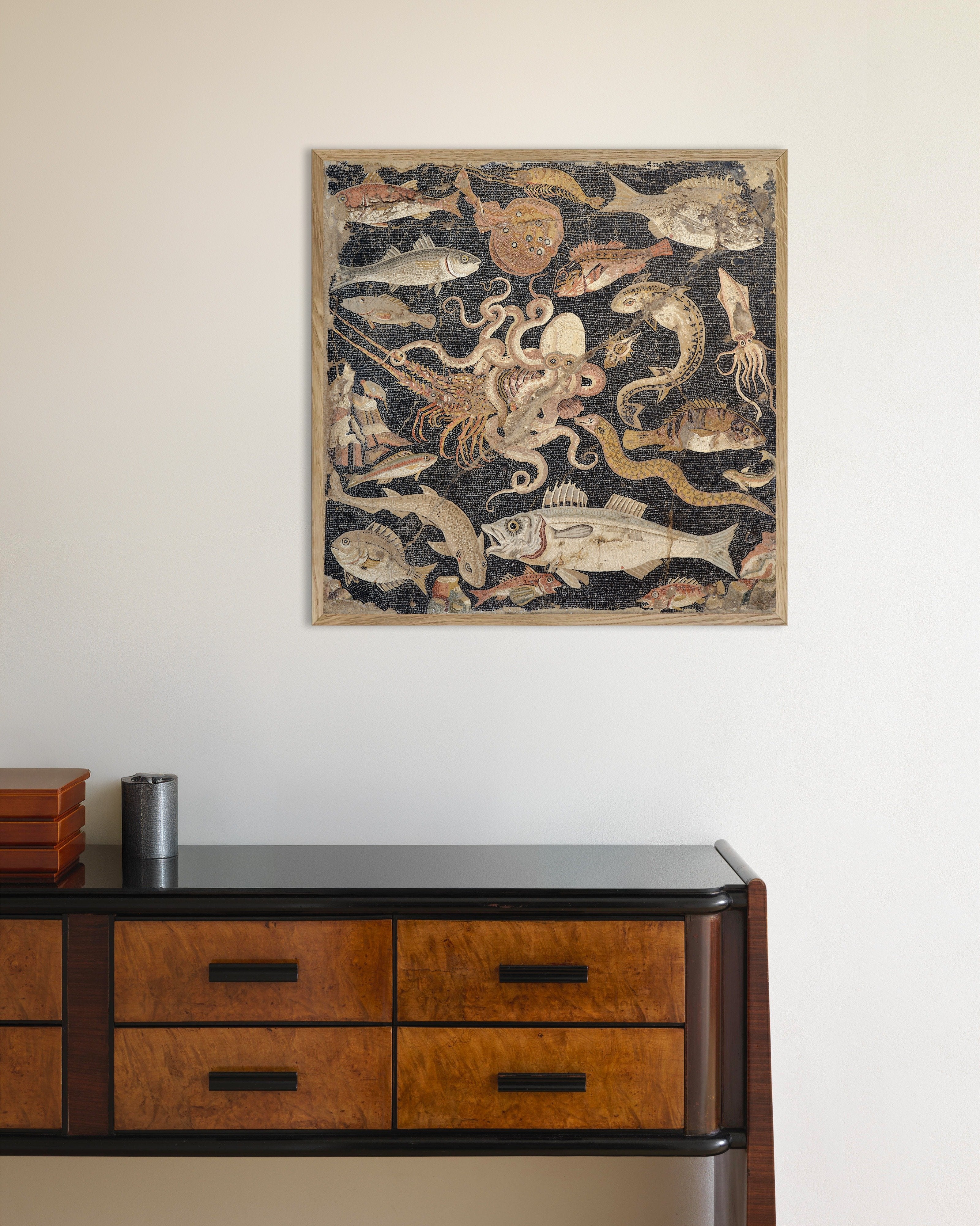 Poster of Ancient Pompeii Marine Life Mosaic - Roman Sea Creatures Art Print, with natural wooden frame