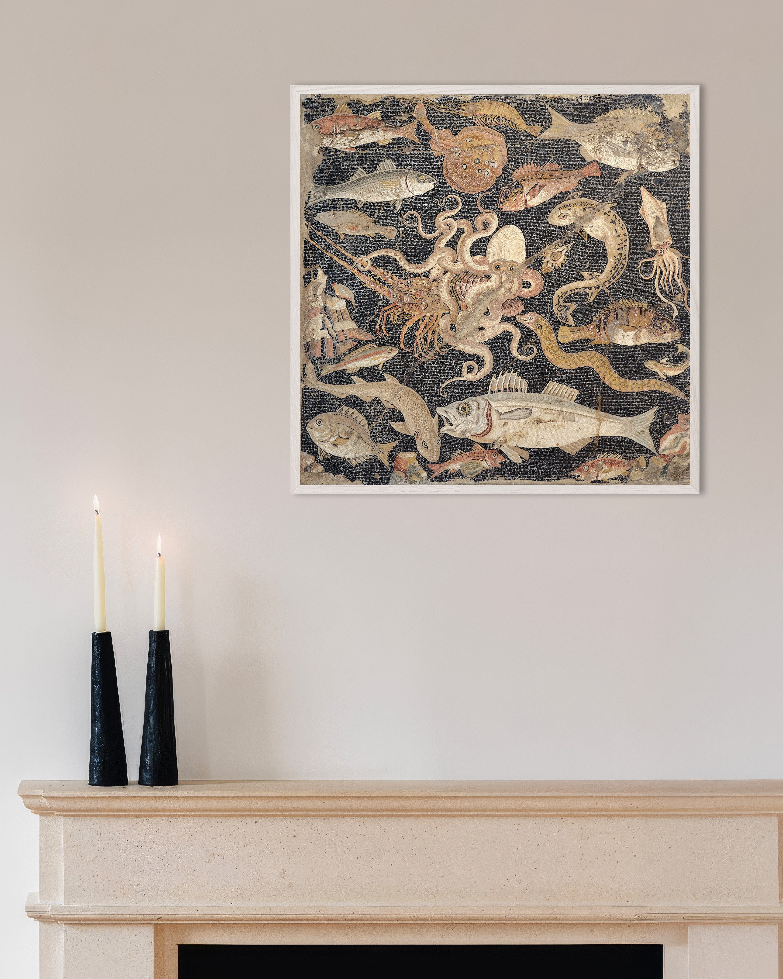 Poster of Ancient Pompeii Marine Life Mosaic - Roman Sea Creatures Art Print, with white wooden frame