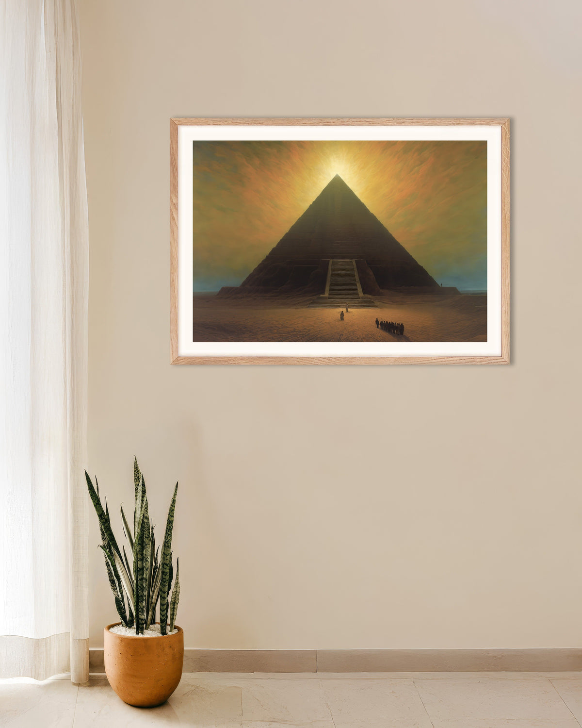 Póster de Atmosférico, oscuro y místico, la Gran Pirámide, con marco de madera natural