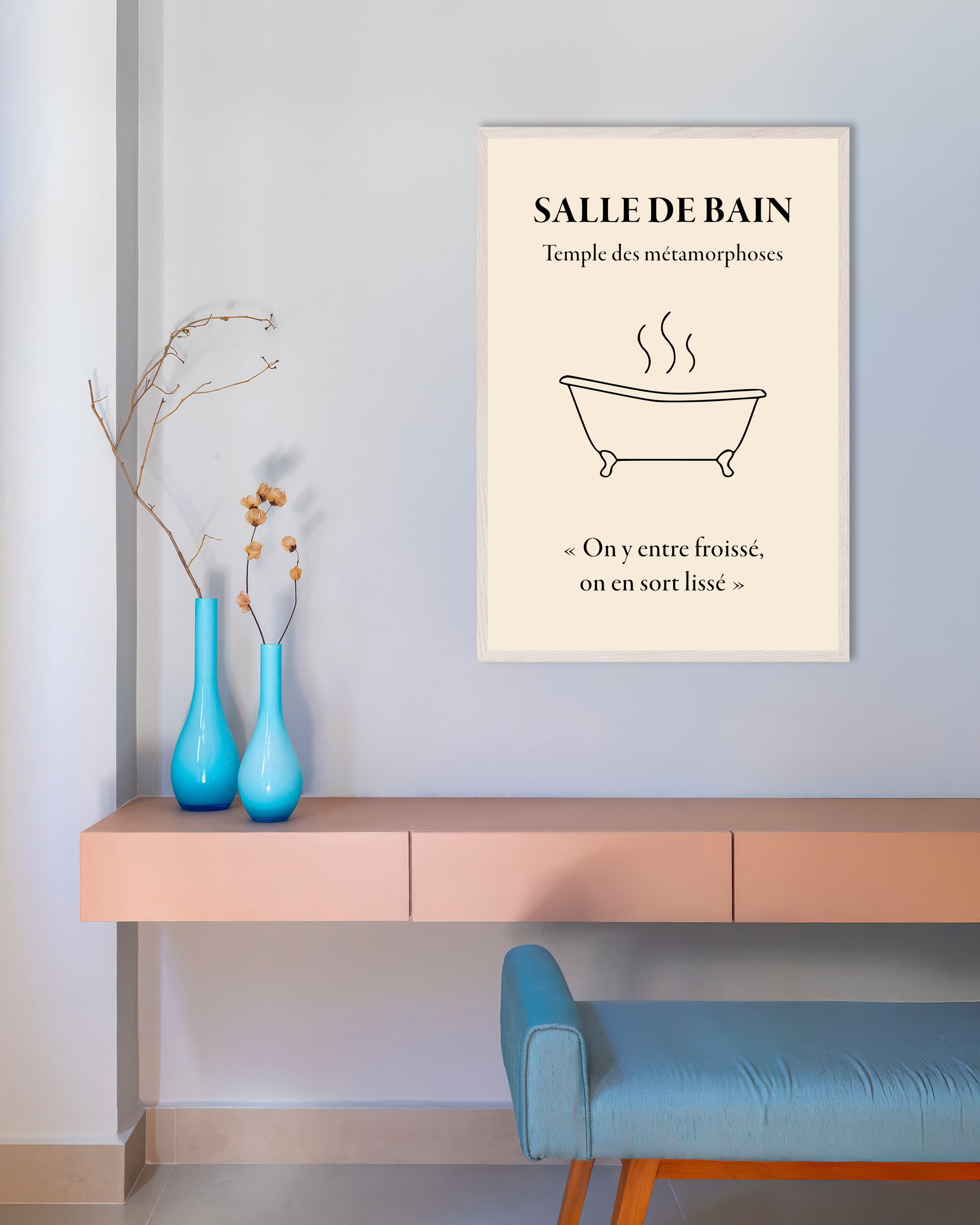 Poster of Bathroom Alchemy Poster: "Go in like a mess,come out like a masterpiece", french, with white wooden frame