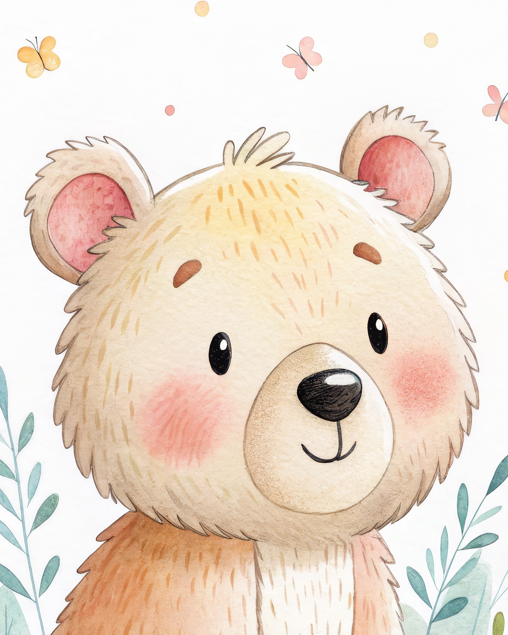 Póster de Osito Adorable - Lámina Decorativa para Cuarto Infantil con Mariposas