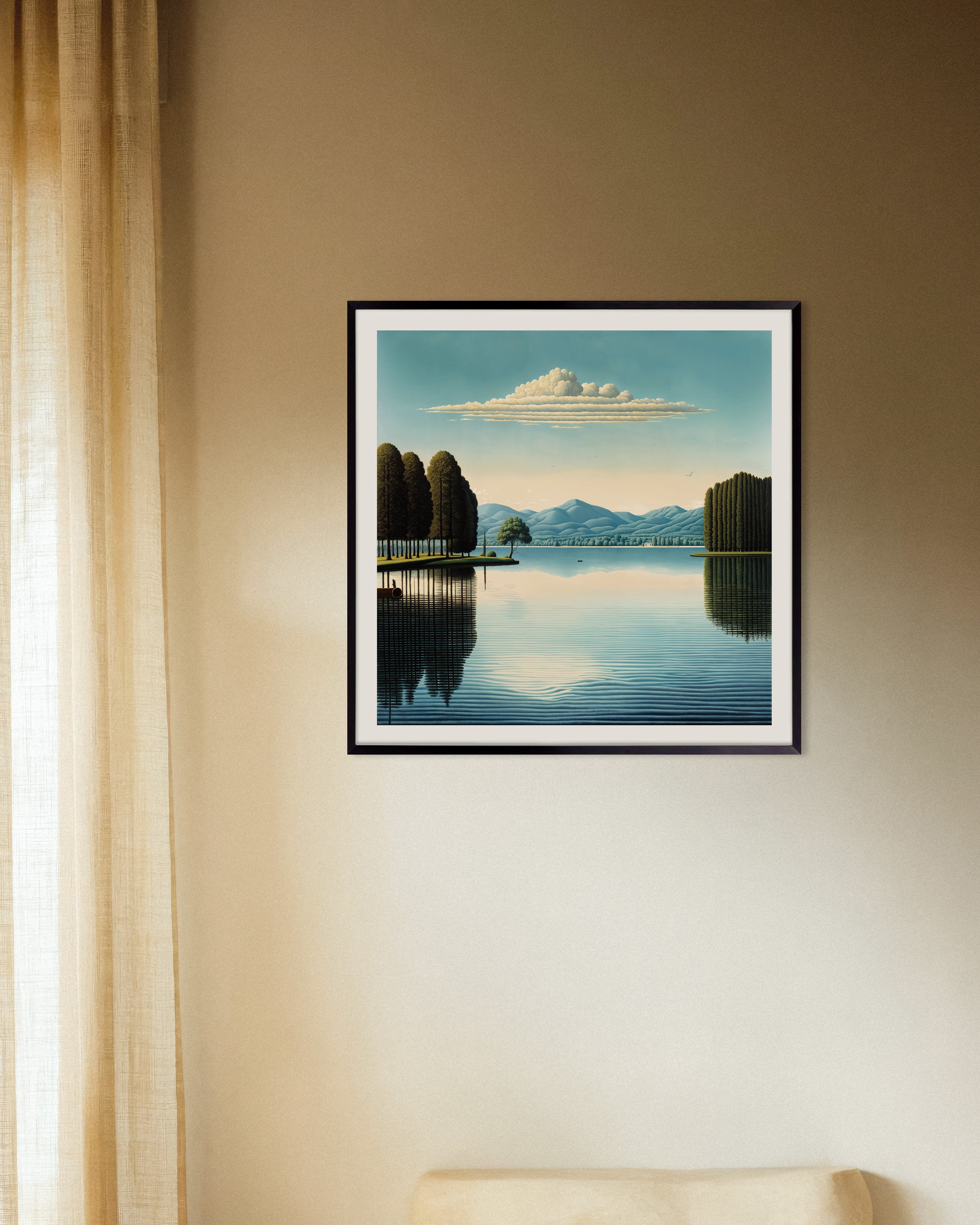 Poster of Belgian surrealism, reflections on Lake - Poster, with metal frame
