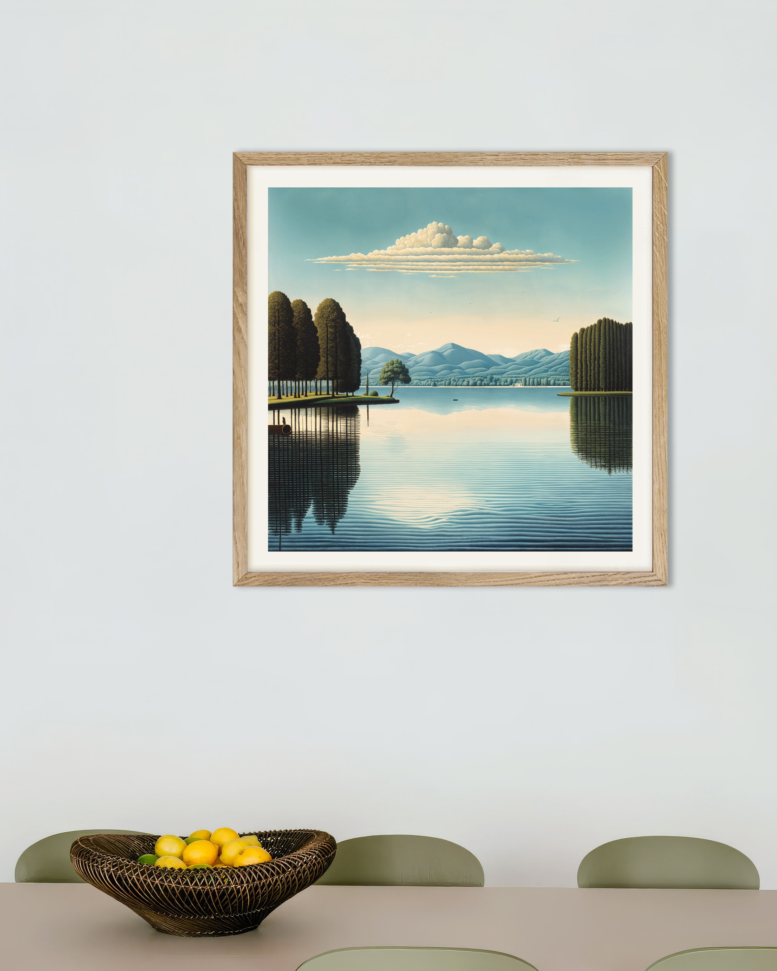 Poster of Belgian surrealism, reflections on Lake - Poster, with natural wooden frame
