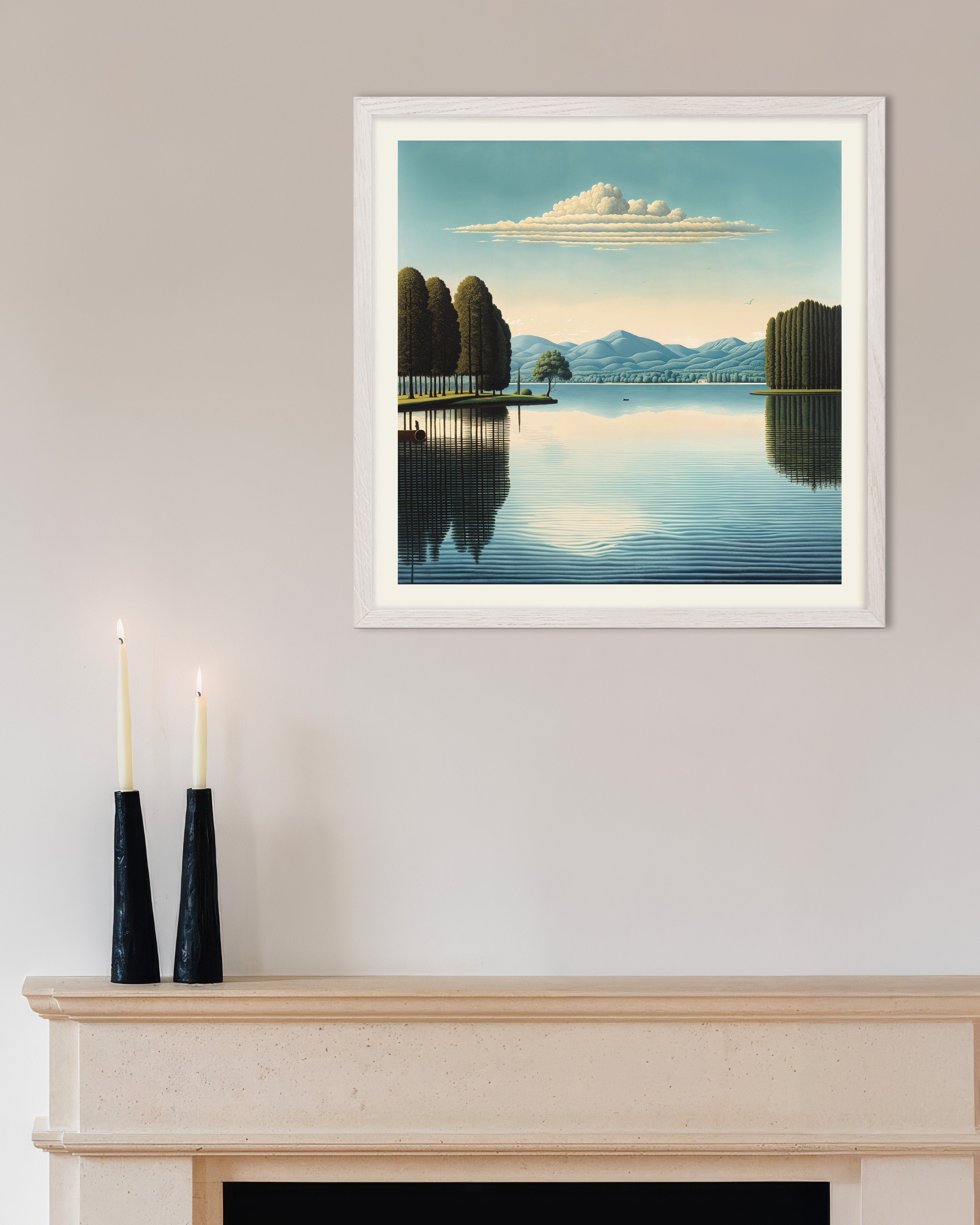 Poster of Belgian surrealism, reflections on Lake - Poster, with white wooden frame