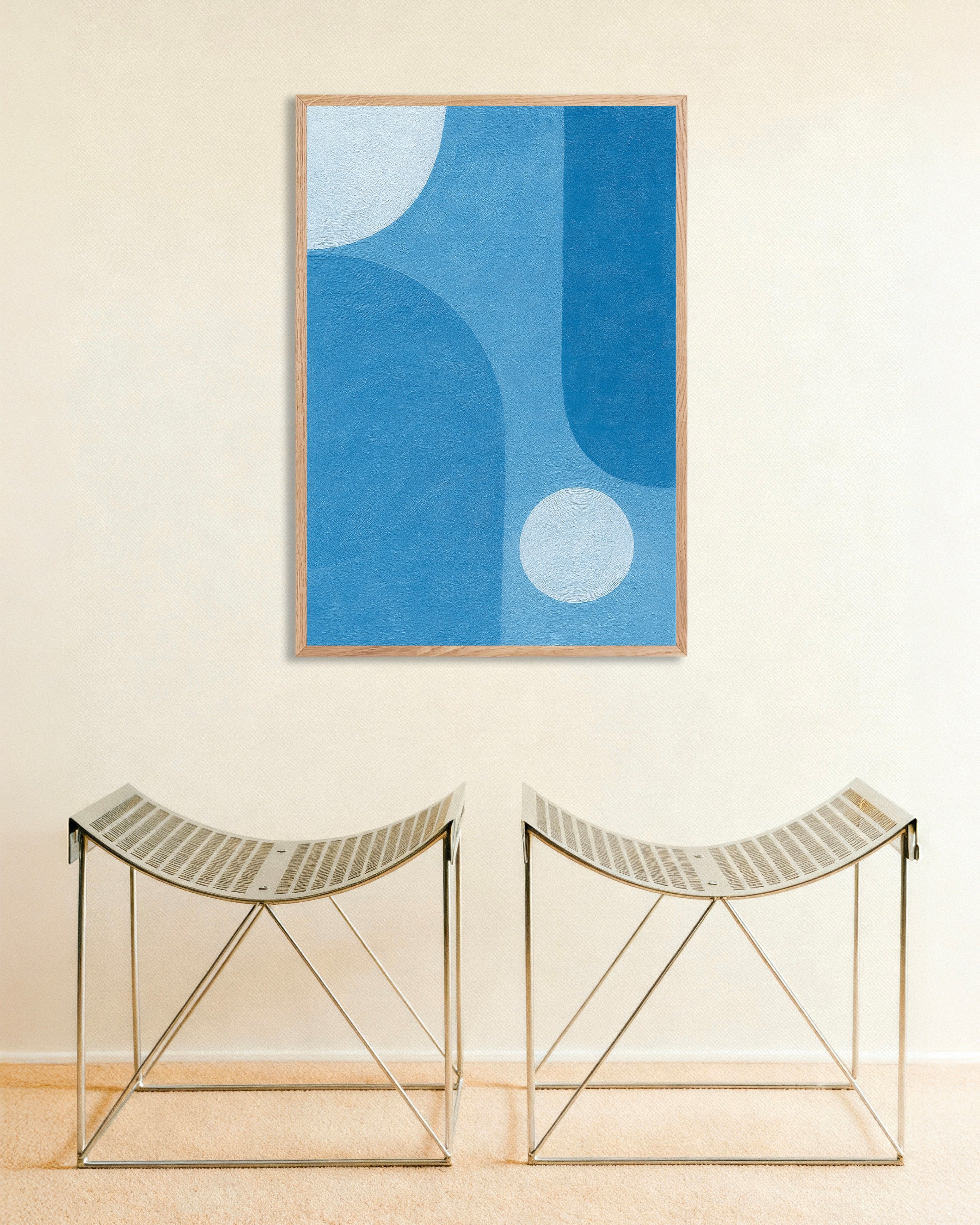 Poster of Blue Atmosphere – abstract blue shapes poster, with natural wooden frame