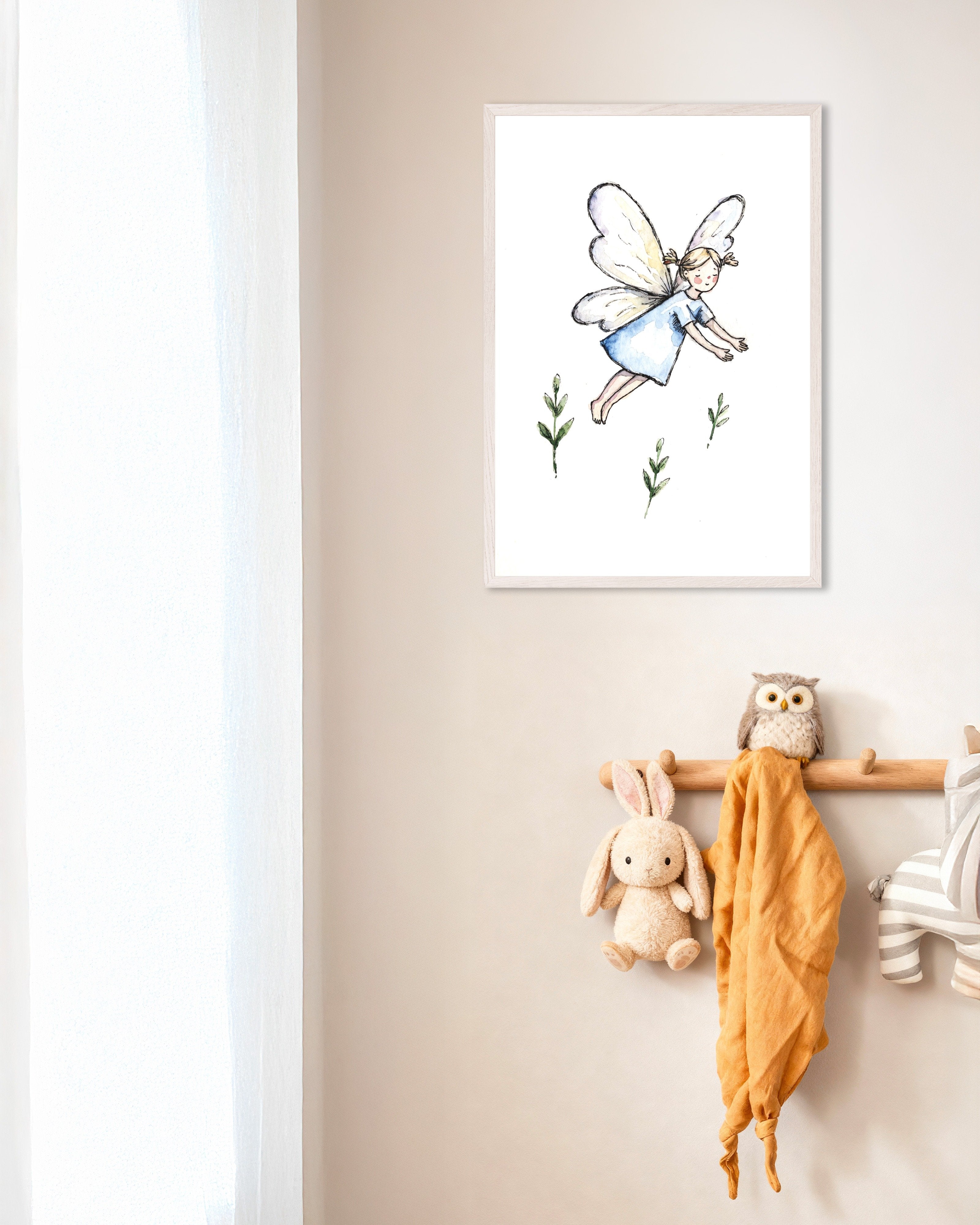 Poster of Blue Dress Fairy - Watercolor Art Print, with white wooden frame