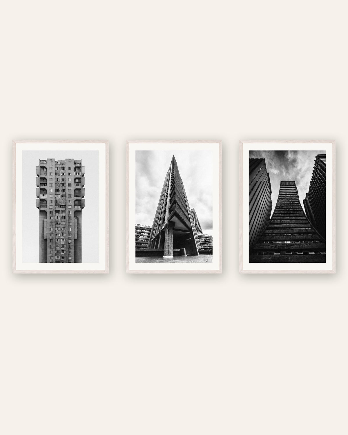 Pósters brutalistas, conjunto de 3: torres de hormigón, con marcos de roble blanco