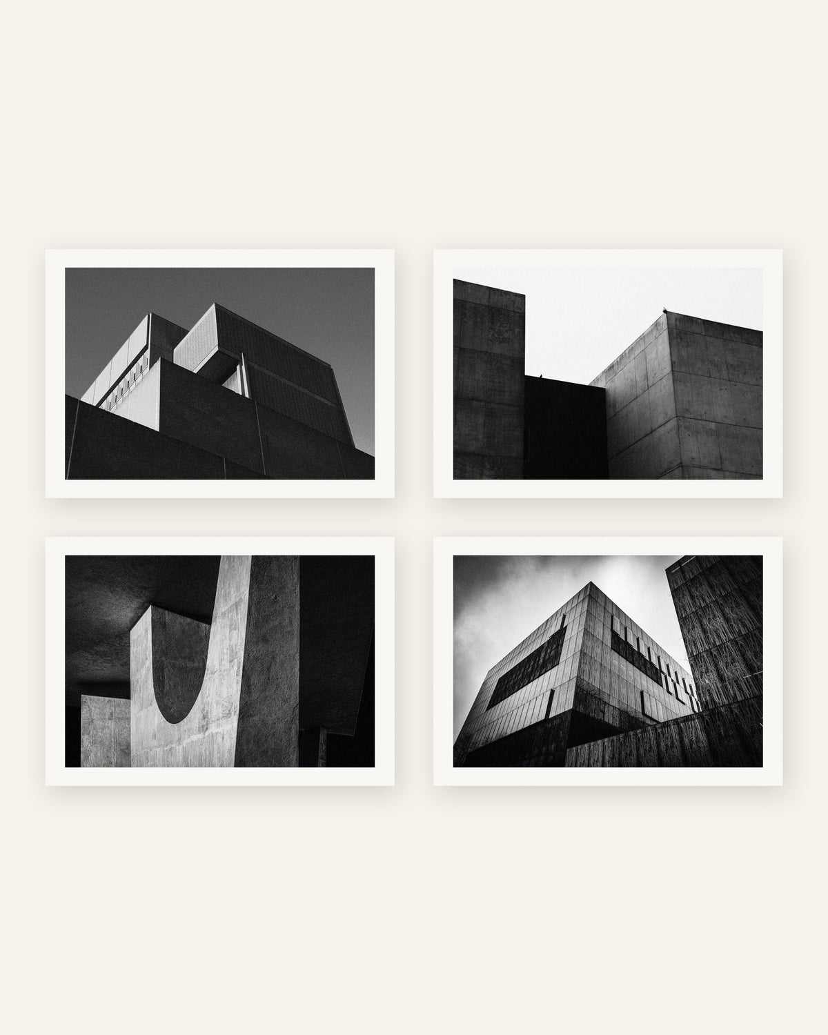Pósters brutalistas, conjunto de 4: volúmenes de hormigón minimalistas, sin marco