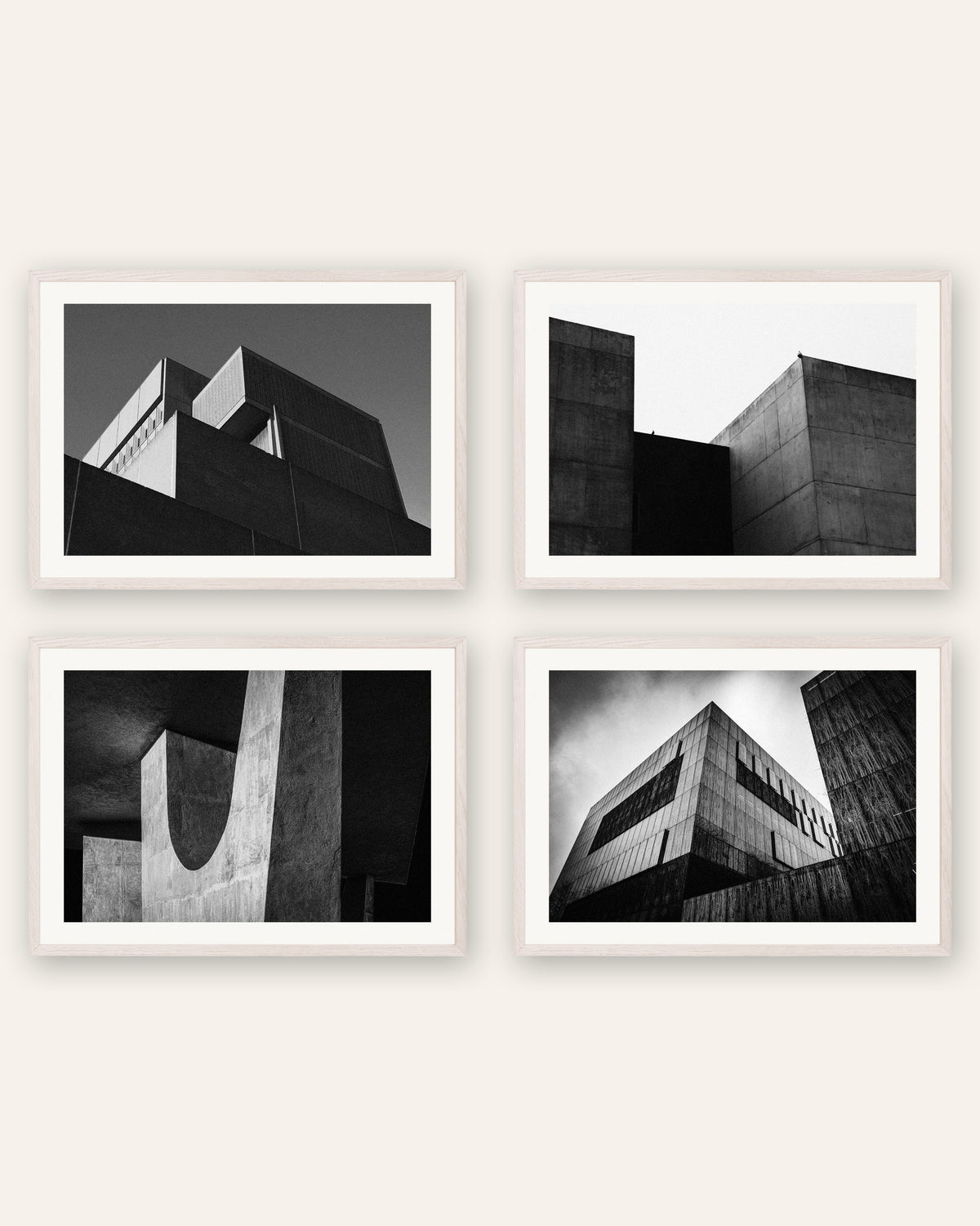 Pósters brutalistas, conjunto de 4: volúmenes de hormigón minimalistas, con marcos de roble blanco