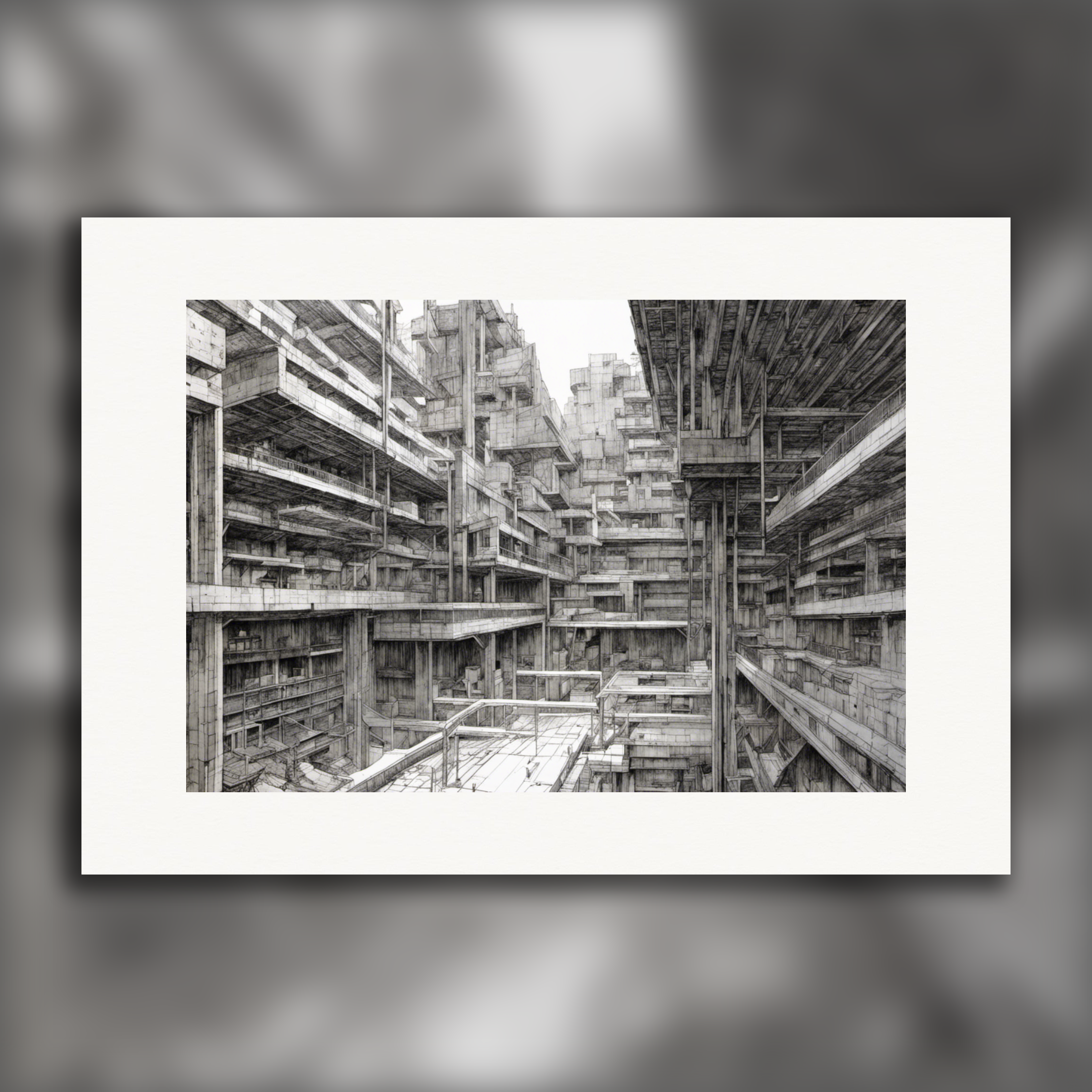 Manga ciberpunk contemporáneo en negro, edificios - Póster