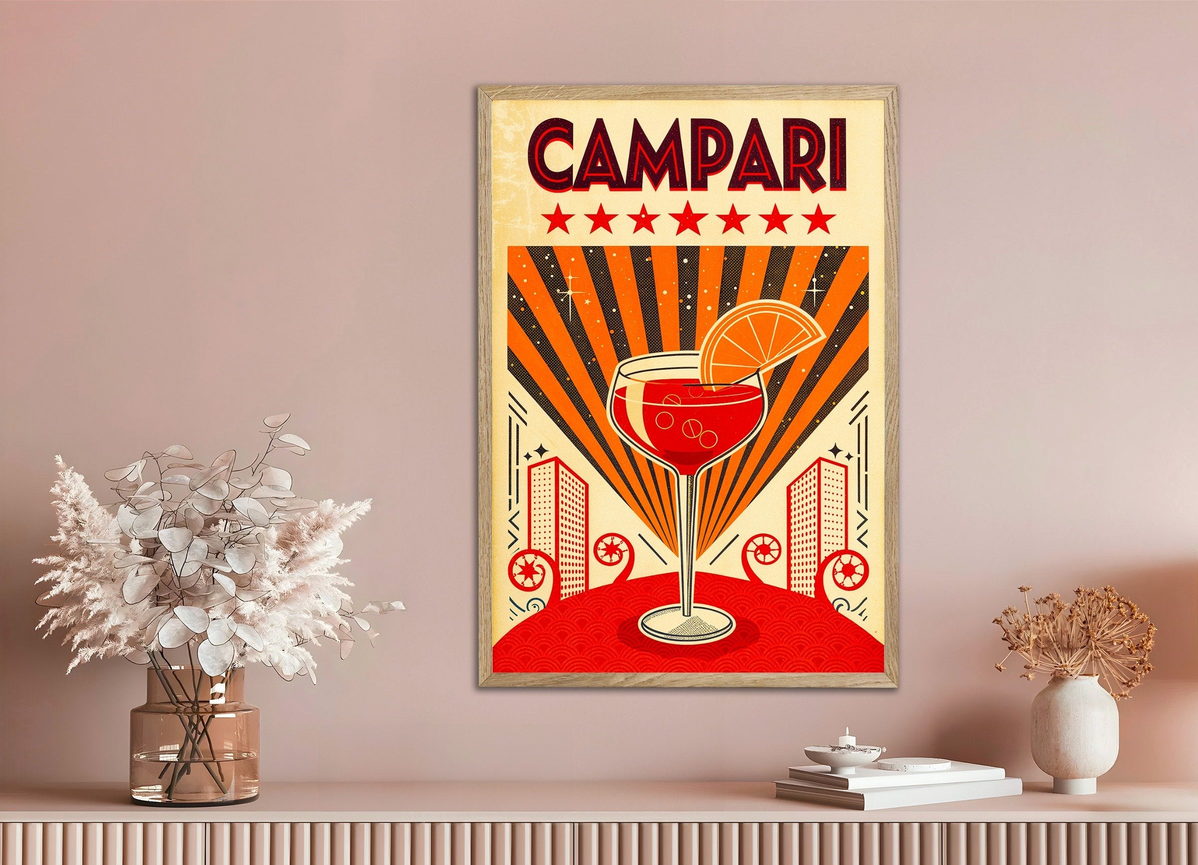 Poster of Campari Cocktail - Retro Aperitif Art Print, with natural wooden frame