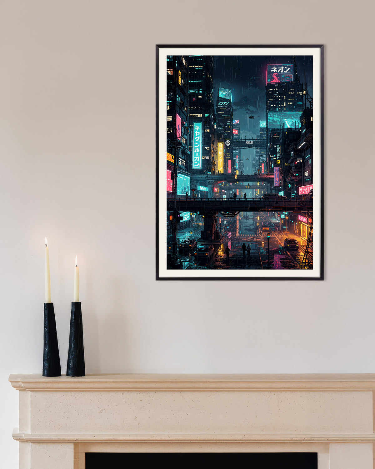 Arte pixelado de una ciudad japonesa ciberpunk: póster, con marco metálico