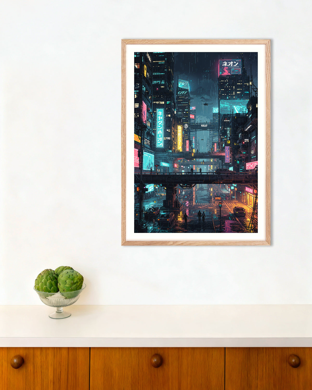 Arte pixelado de una ciudad japonesa ciberpunk: póster, con marco de madera natural
