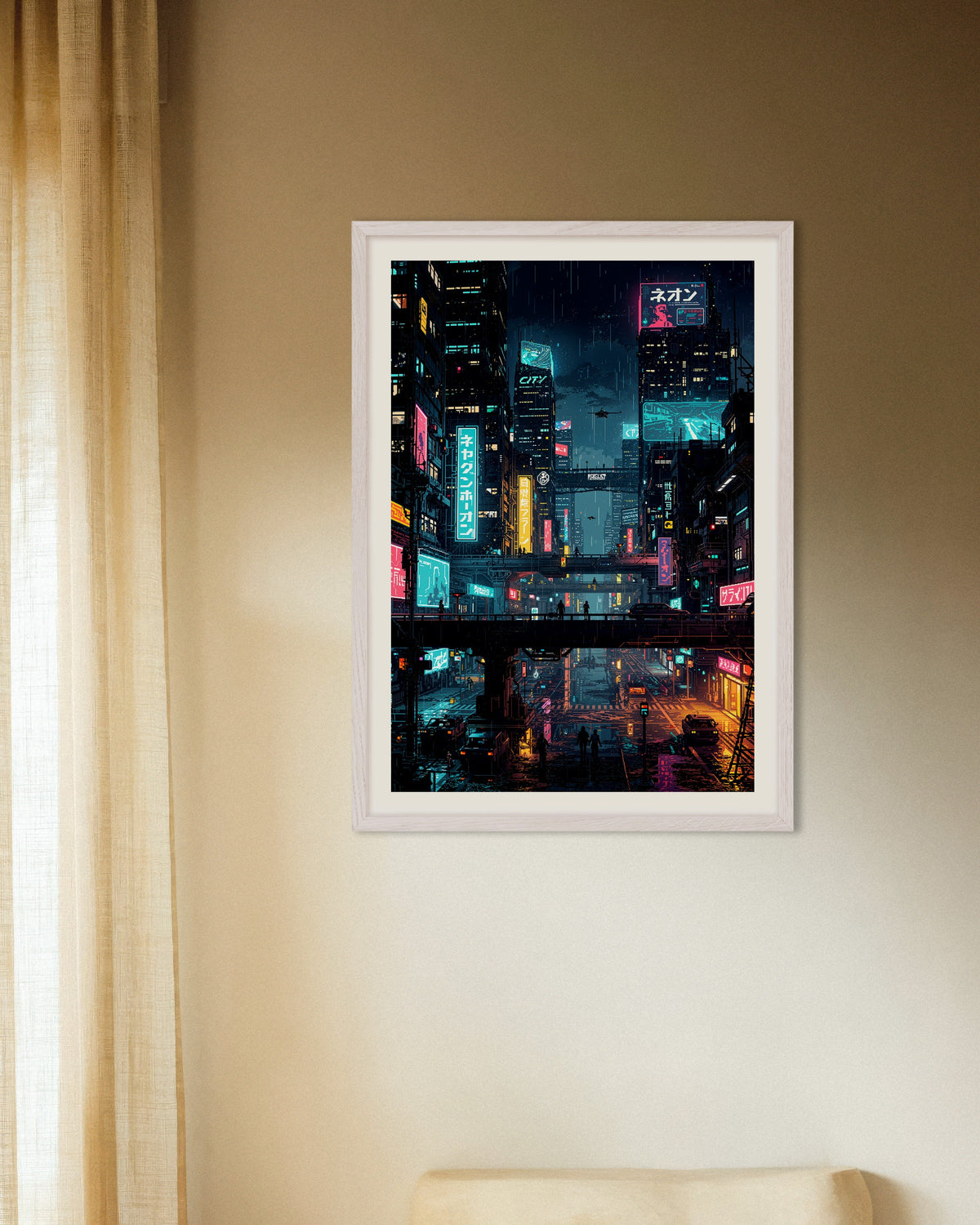 Arte pixelado de una ciudad japonesa ciberpunk: póster, con marco de madera blanca