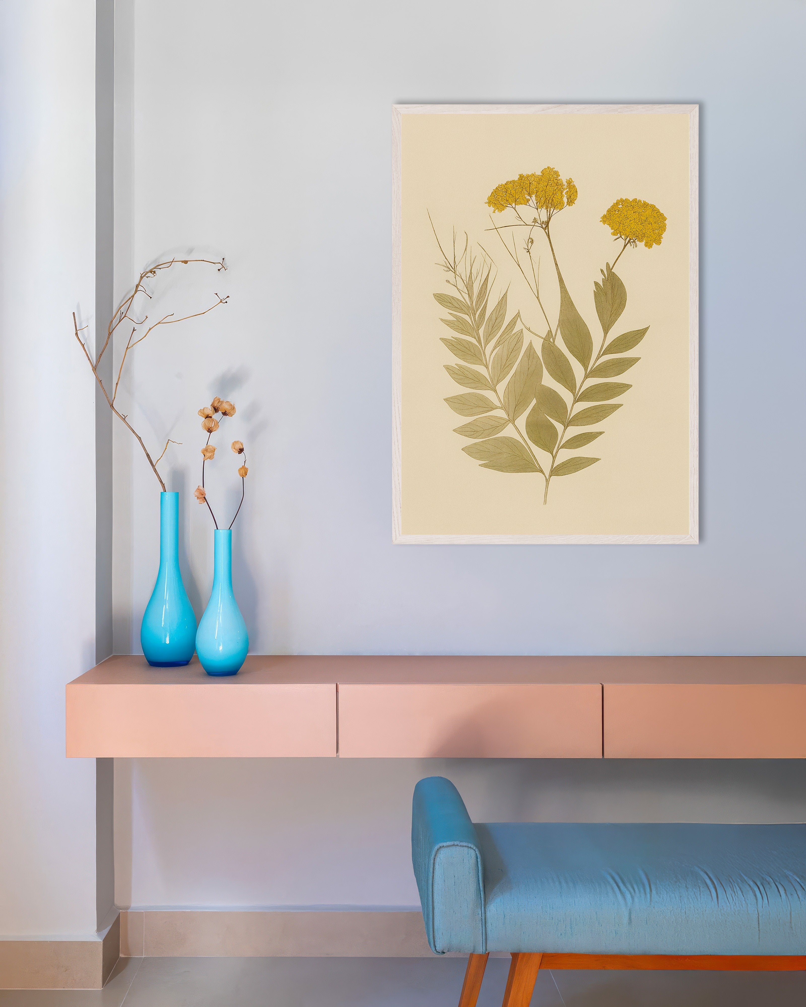 Poster of Dried Everlasting Flowers Poster – Autumn Botanical Art, with white wooden frame