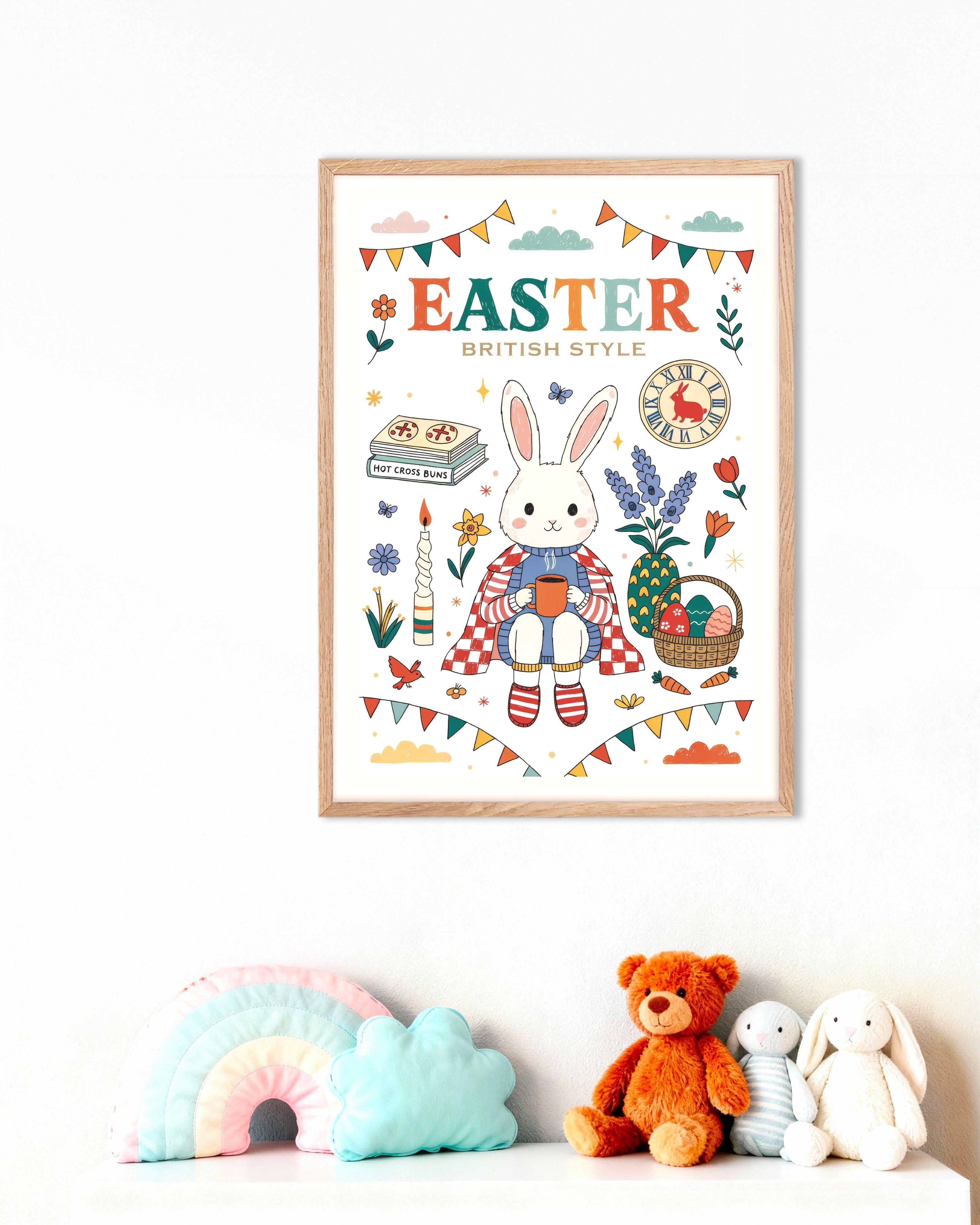 Poster of Easter British Style Bunny Poster, with natural wooden frame