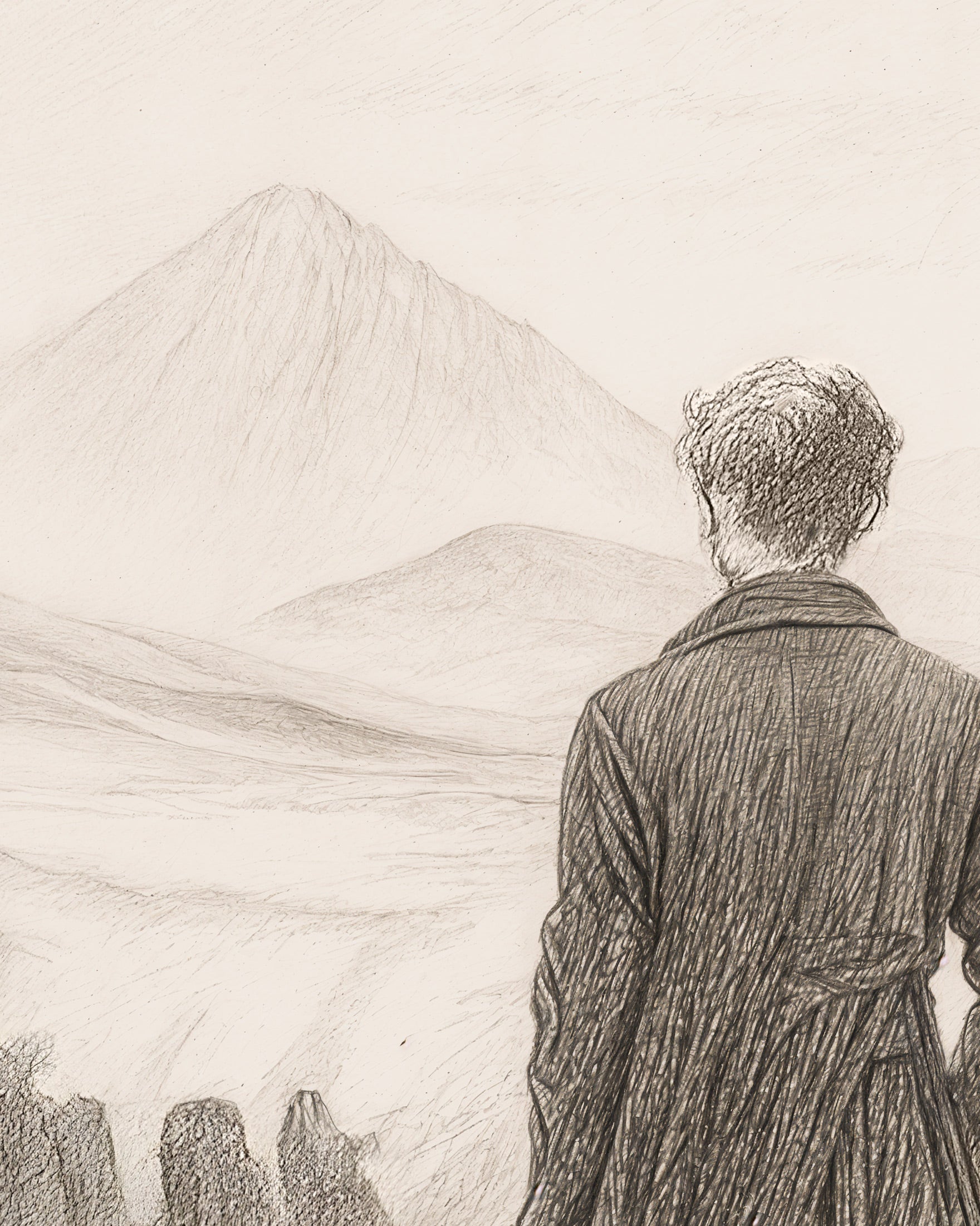 Viajero sobre el mar de niebla - dibujo a lápiz - Póster