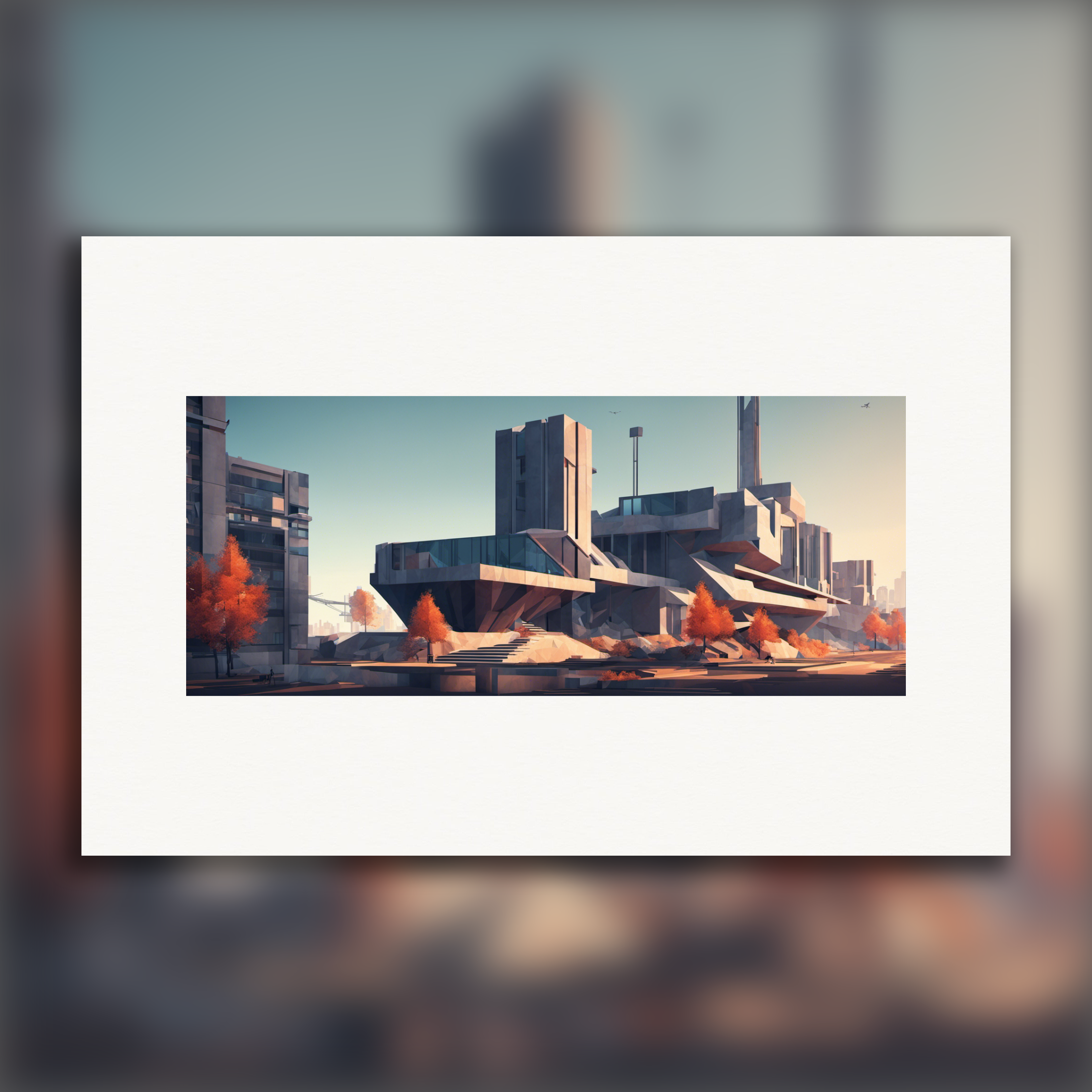 Ciudad futurista brutalista de polígonos bajos - Póster
