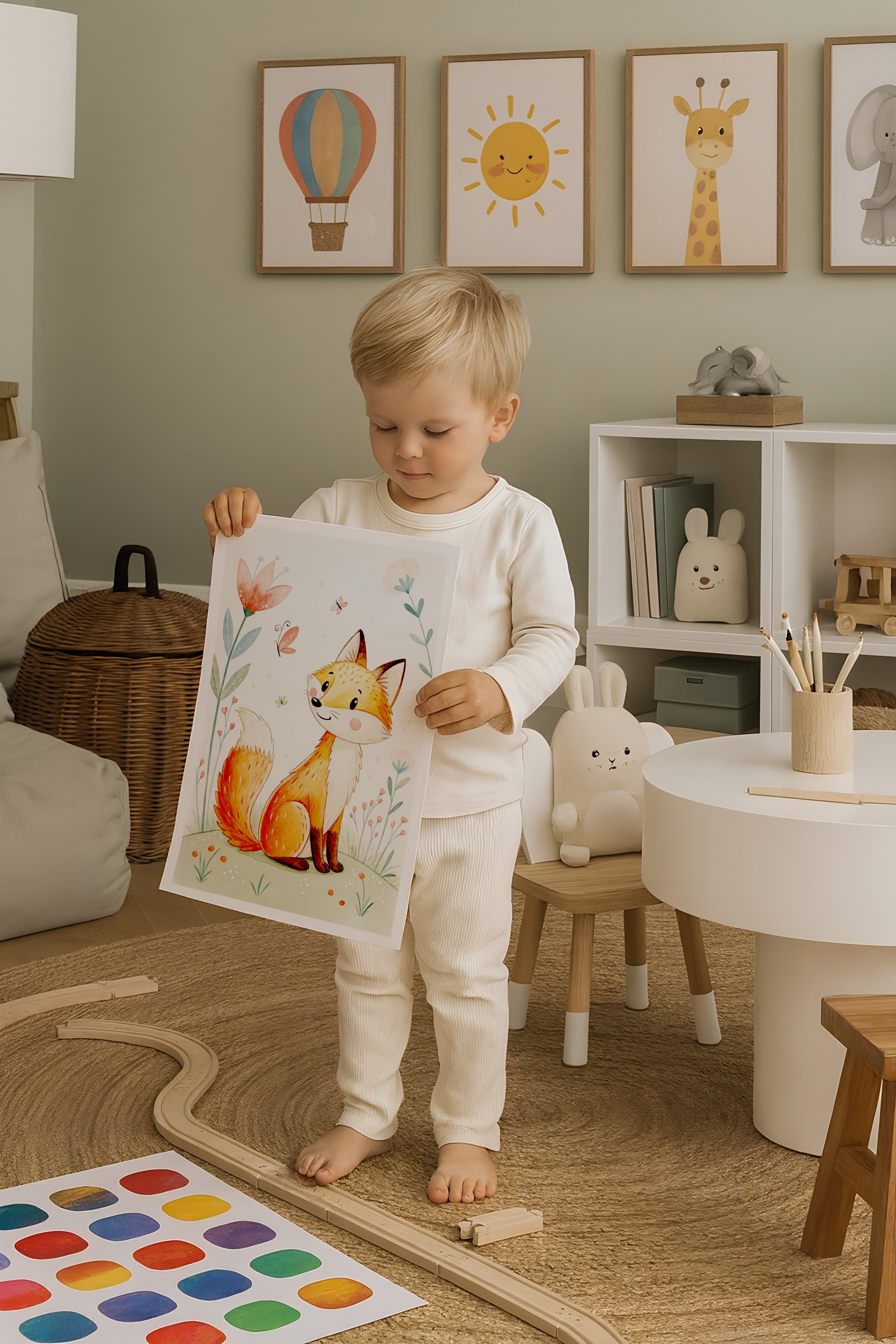 Child holding a picture of a fox in a room with children's decor