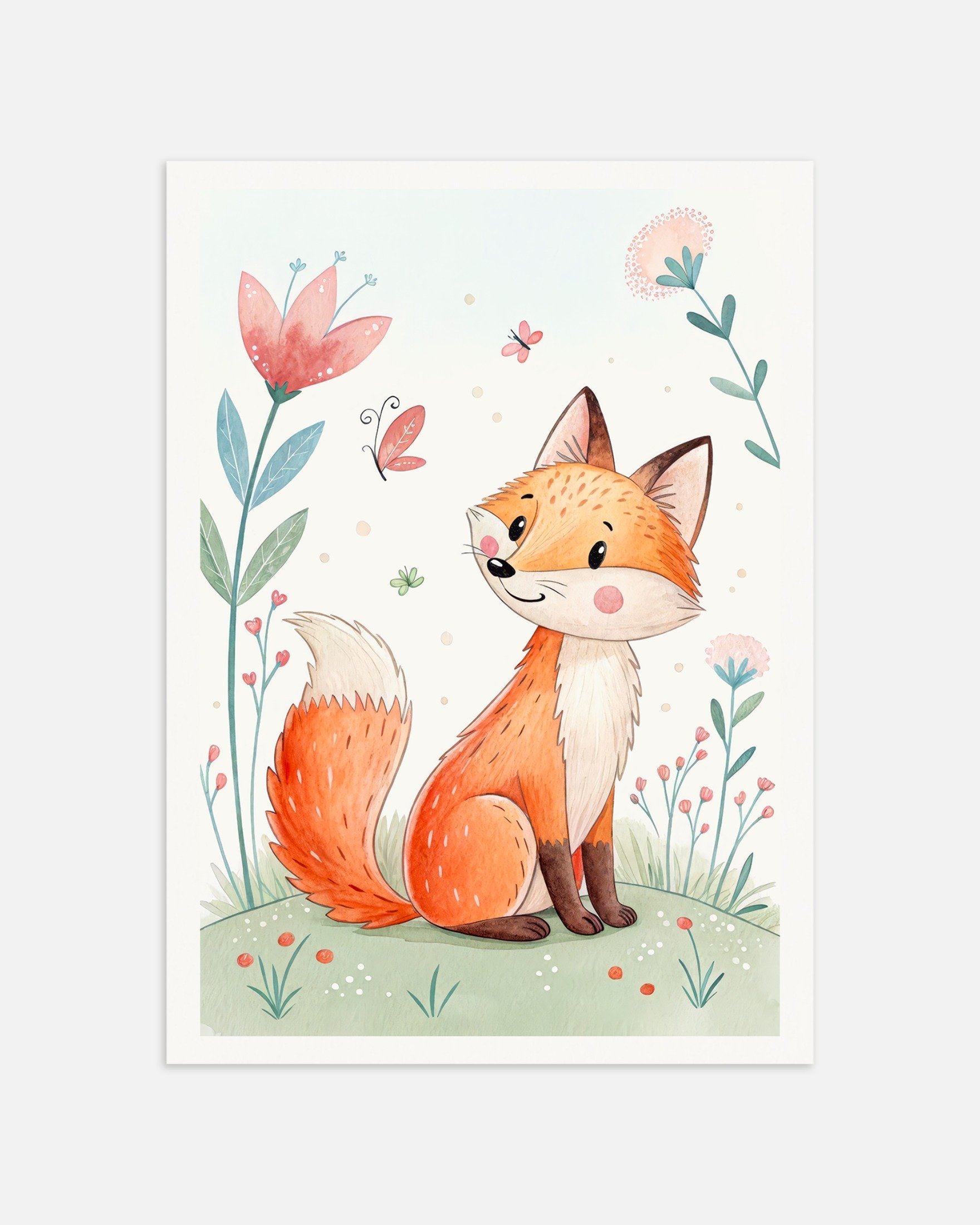 Illustration of a fox surrounded by flowers and plants on a light background