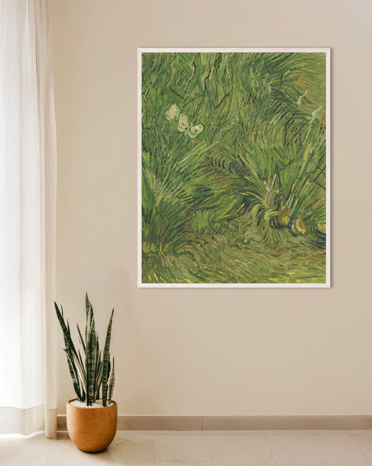 Póster de Jardín con mariposas (1889), de Vincent van Gogh, con marco de madera blanco