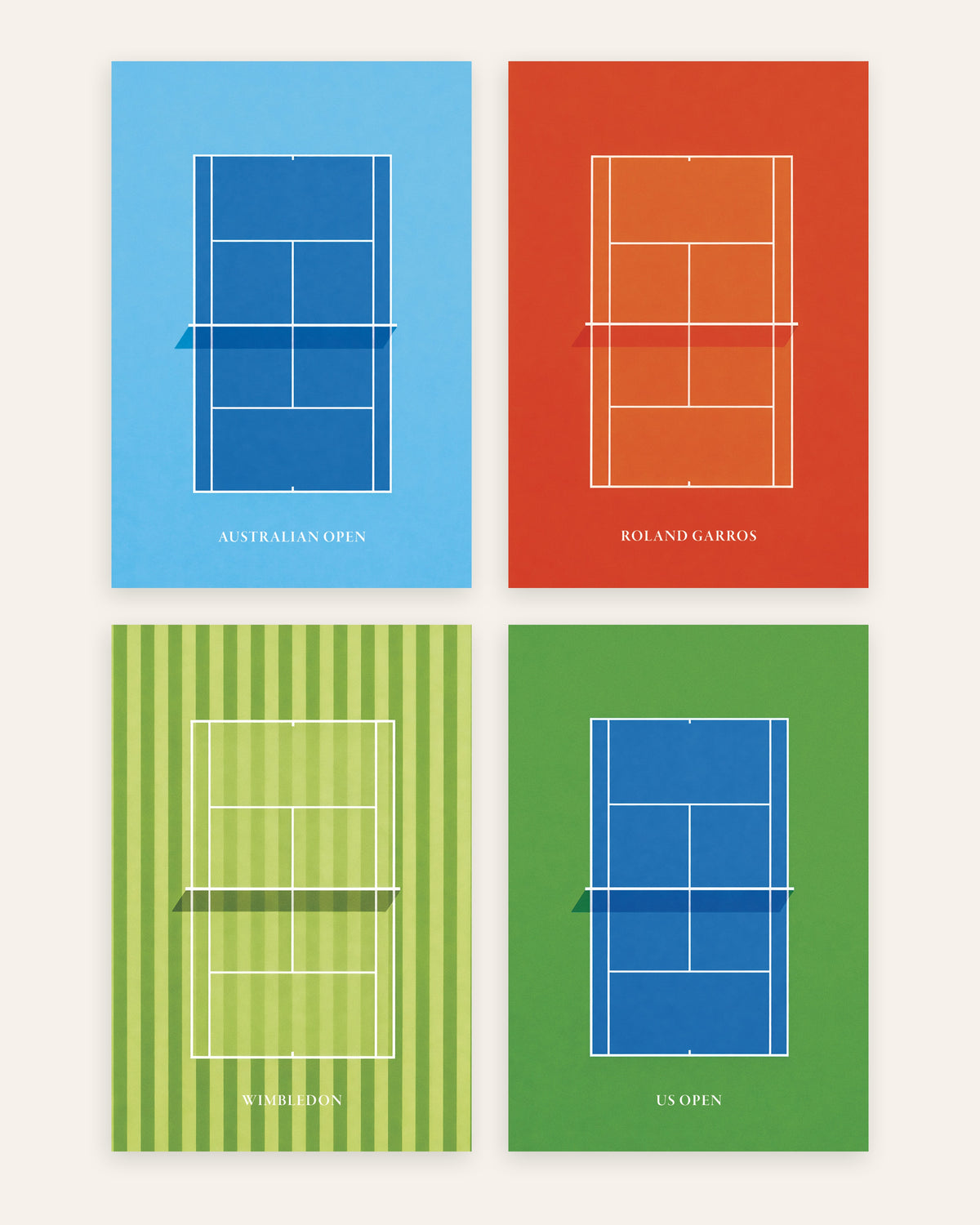 Pósters de tenis Grand Slam, conjunto de 4: Open de Australia, Roland Garros, Wimbledon y US Open, sin marco
