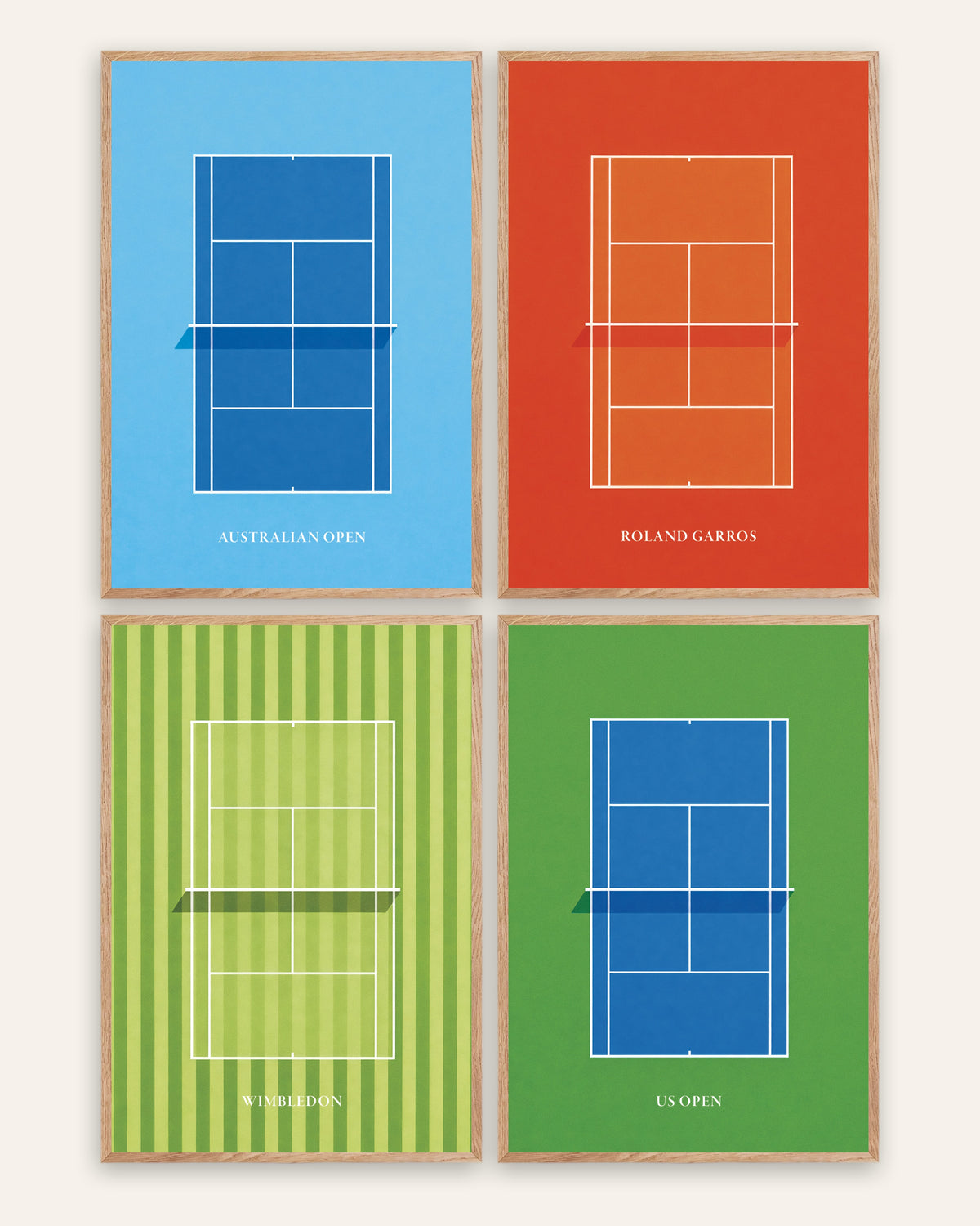 Pósters de tenis Grand Slam, conjunto de 4: Open de Australia, Roland Garros, Wimbledon y US Open, con marcos de roble natural