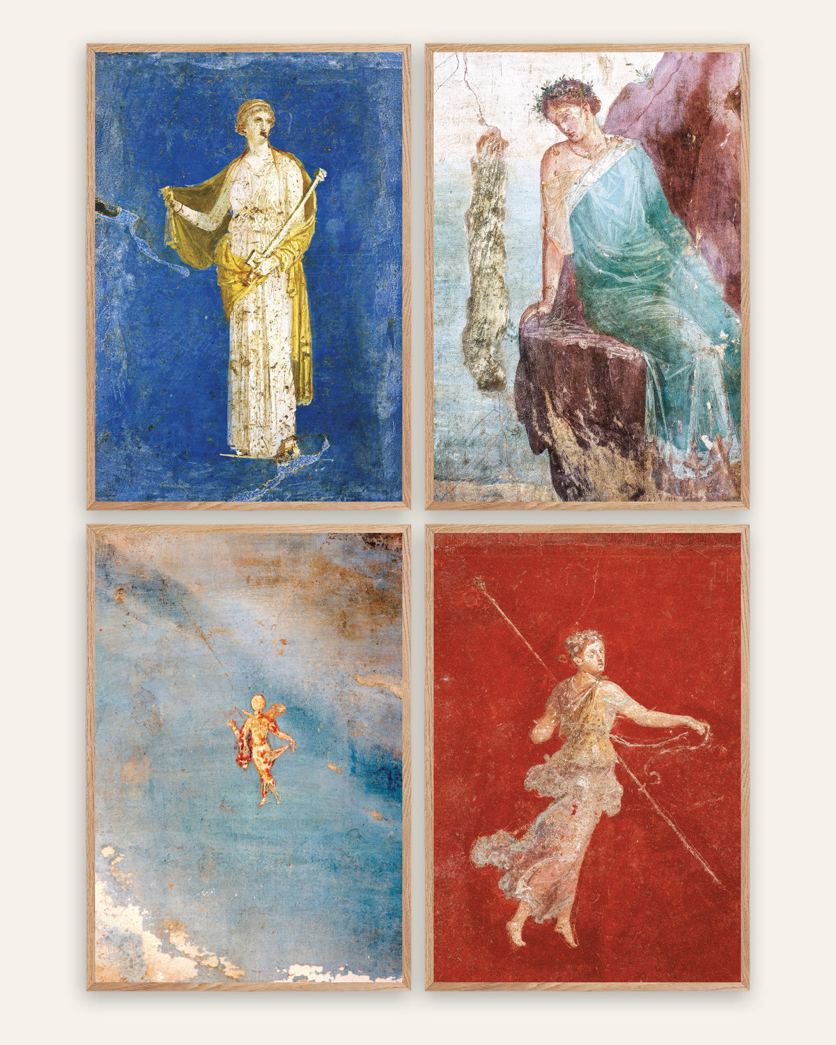 Pósters de frescos romanos, conjunto de 4: Medea, Ícaro, Psique y ménade, con marcos de roble natural