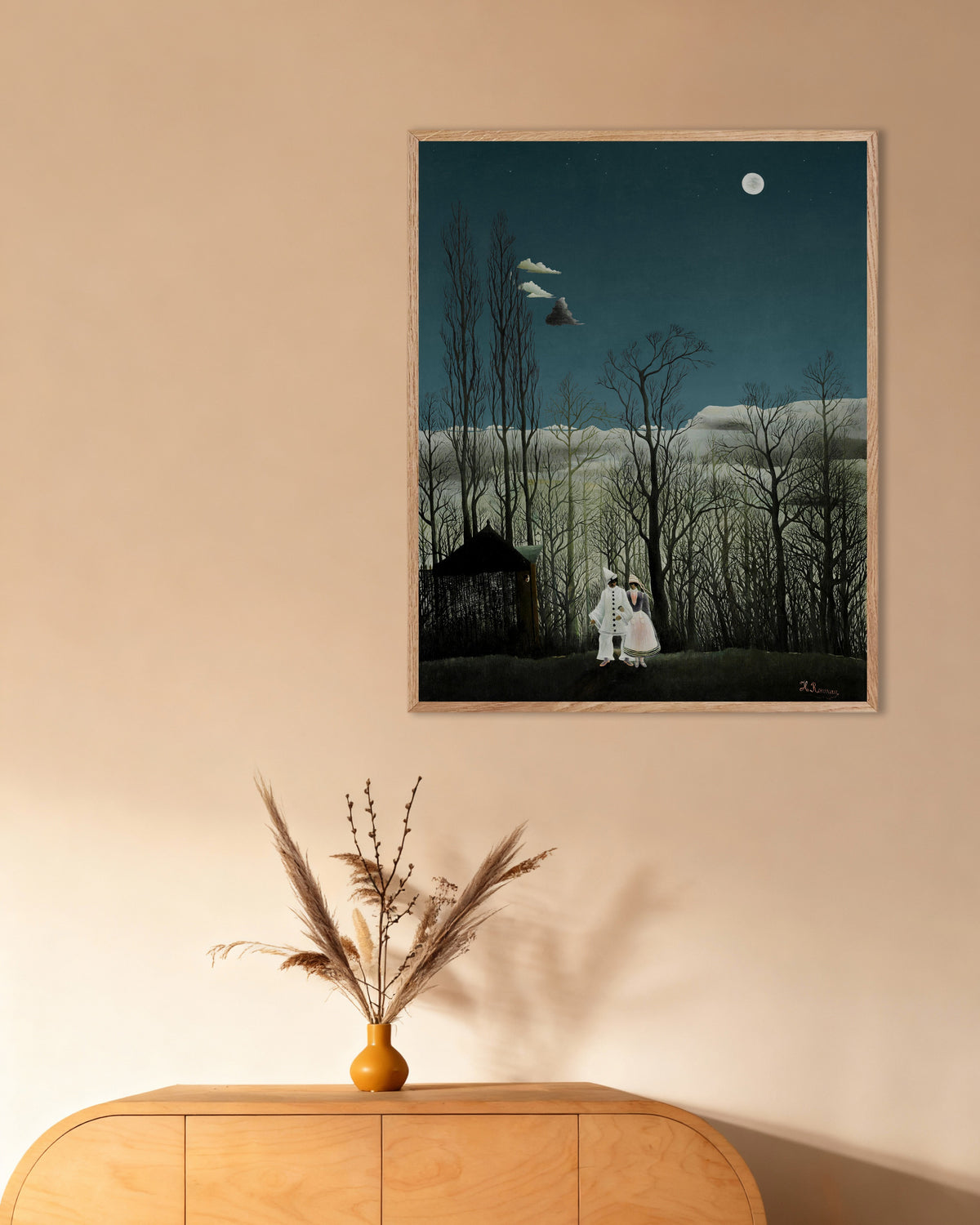 Póster de Henri Rousseau - Una noche de carnaval (detalle), con marco de madera natural