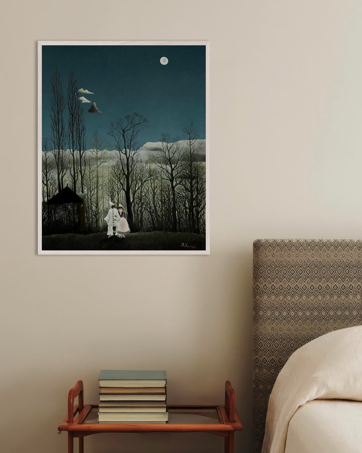 Póster de Henri Rousseau - Una noche de carnaval (detalle), con marco de madera blanca