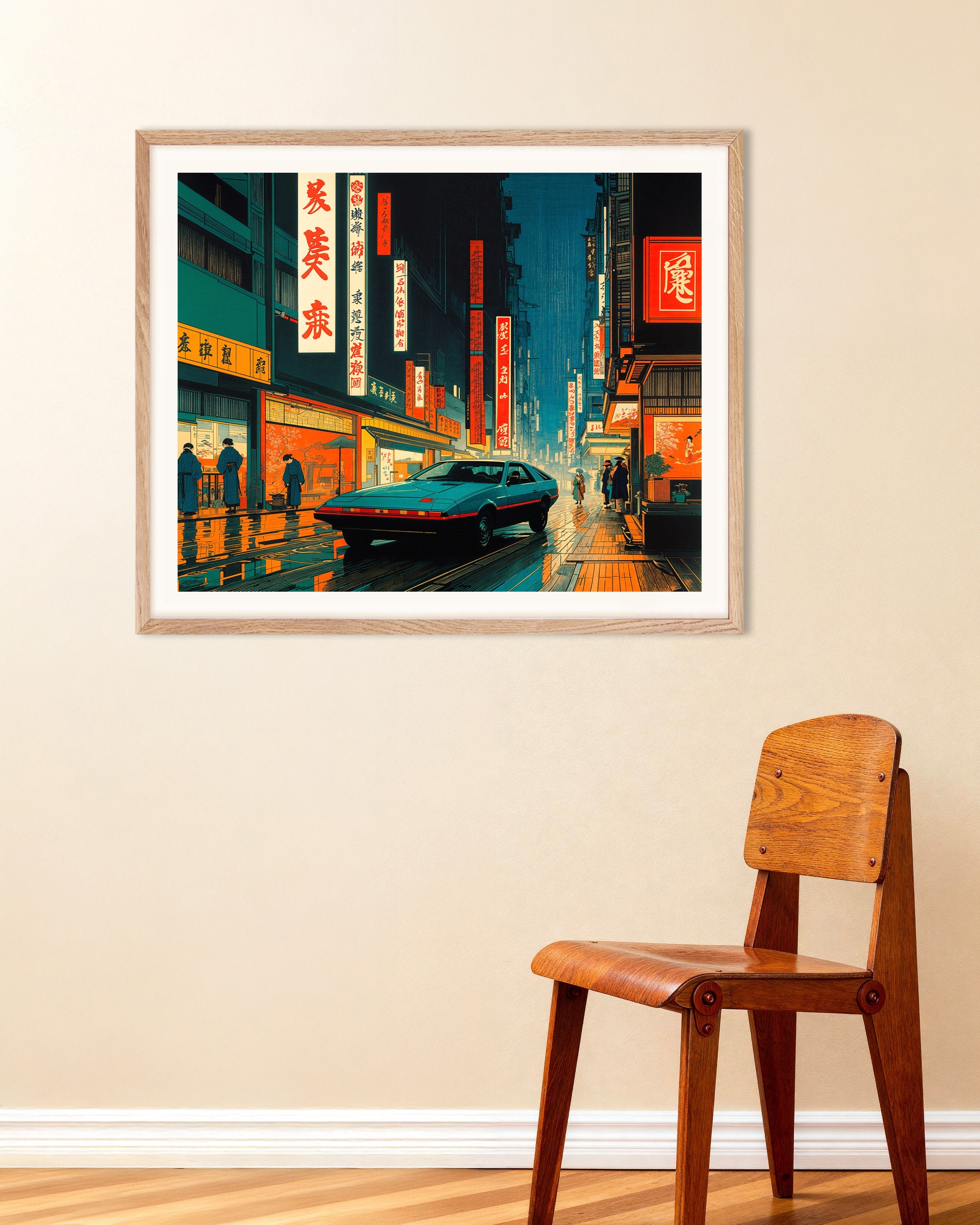 Poster of Hiroshige hypertech, car in Tokyo street - Poster, with natural wooden frame