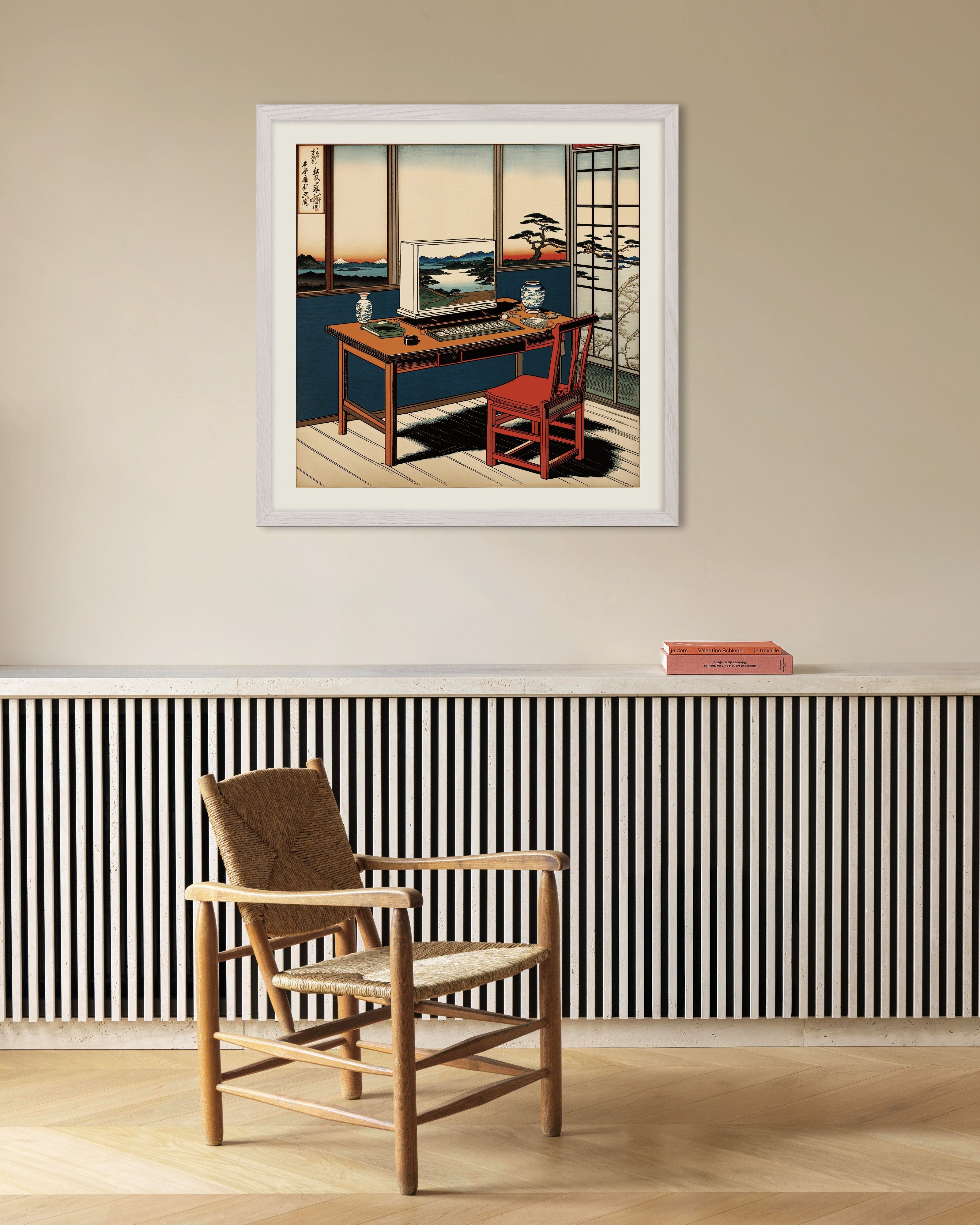 Poster of Hiroshige hypertech, computer at home- Poster, with white wooden frame