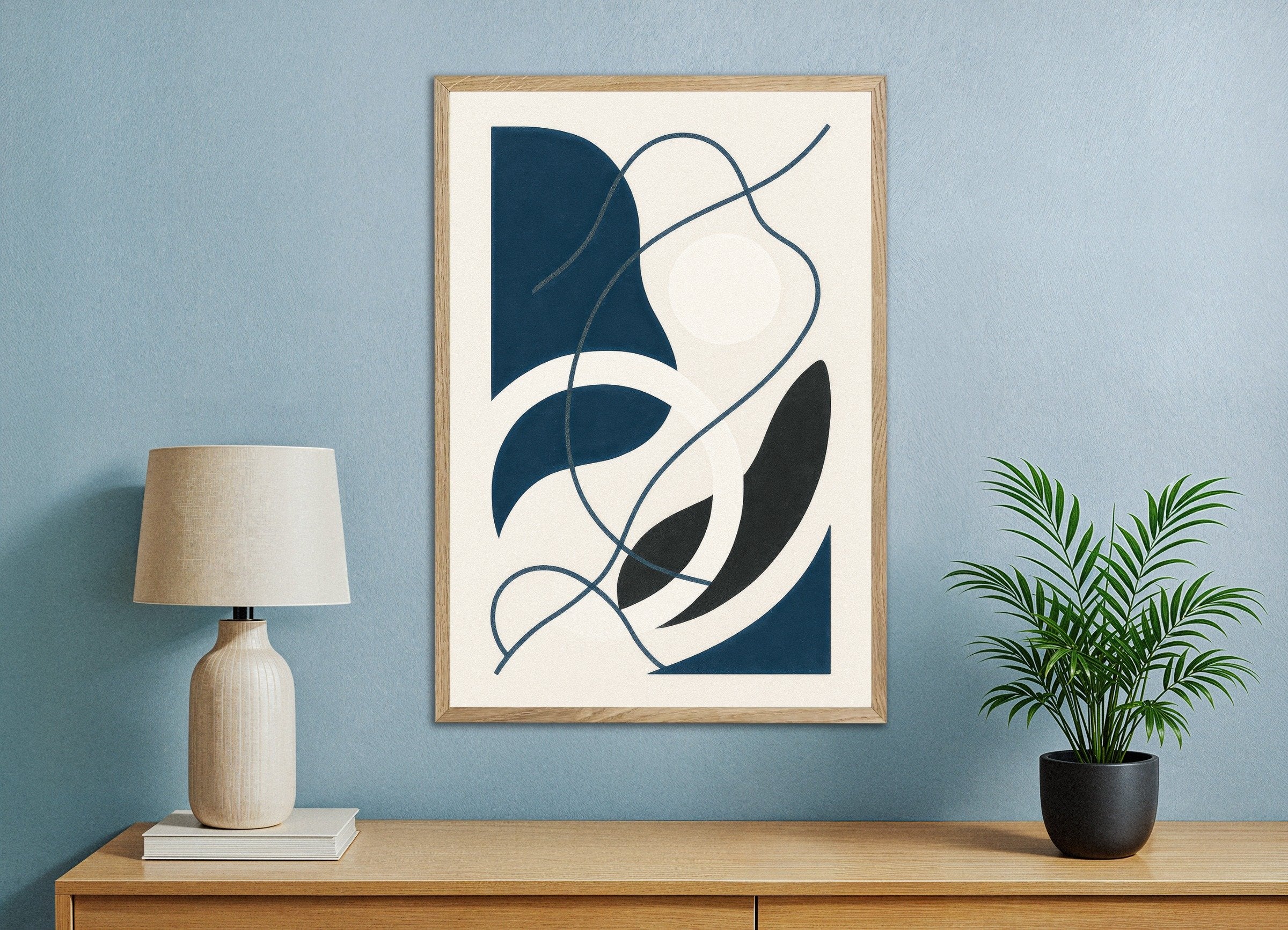 Poster of Inflections 04 – abstract print with curves and contrast, with natural wooden frame