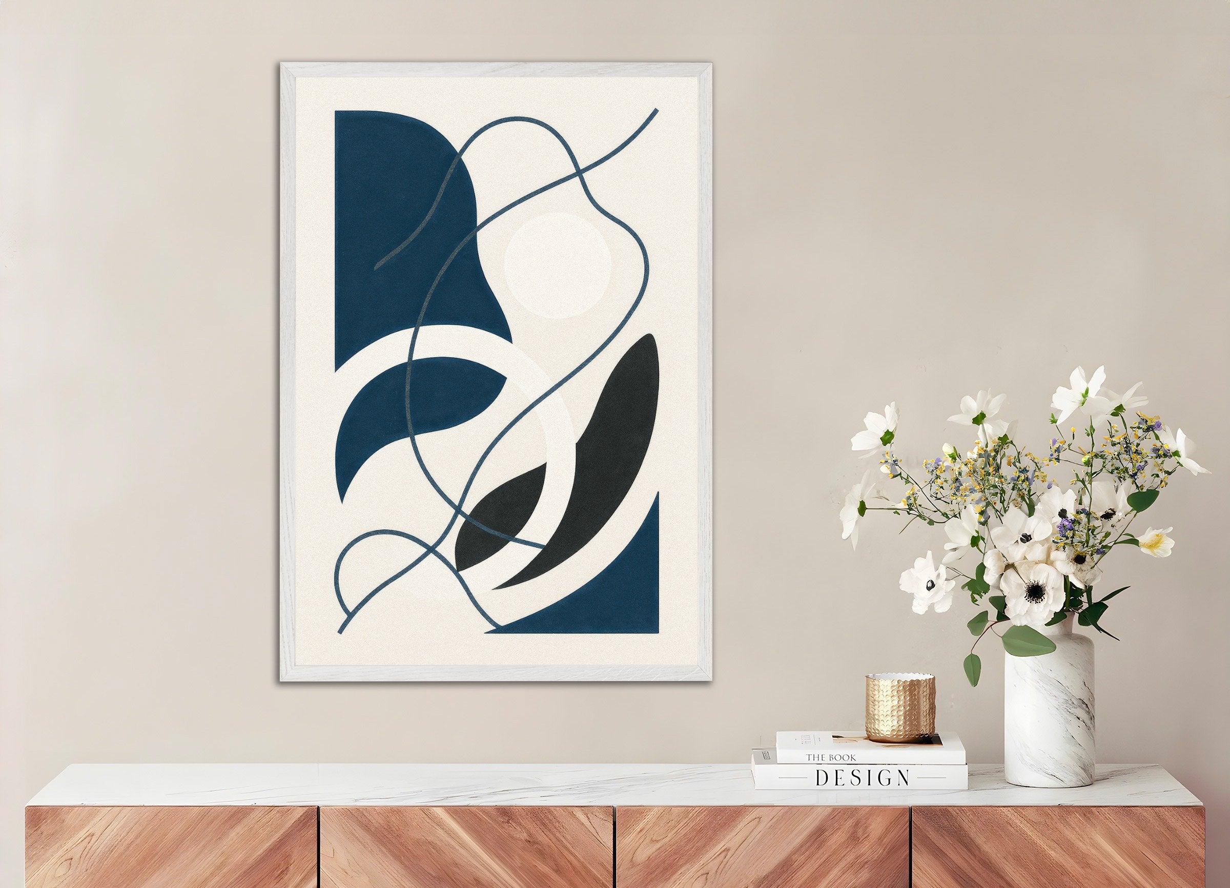 Poster of Inflections 04 – abstract print with curves and contrast, with white wooden frame