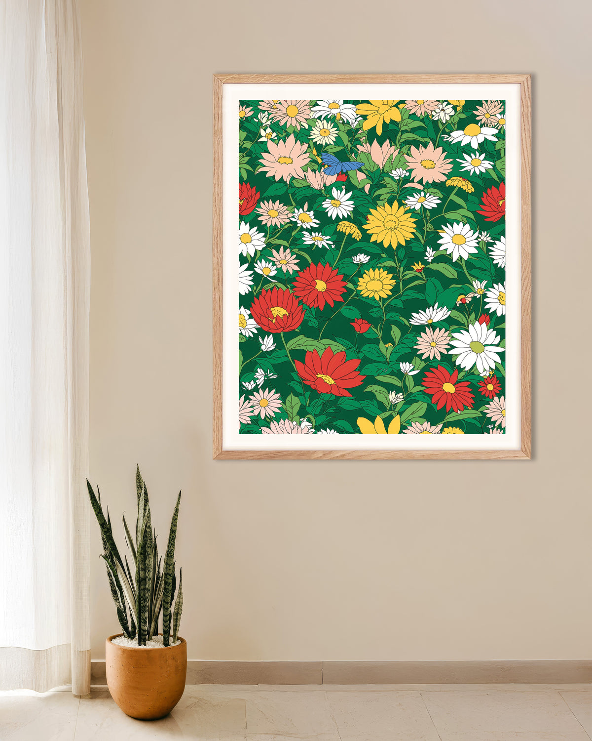 Póster de Estudio japonés de animación, flores, con marco de madera natural