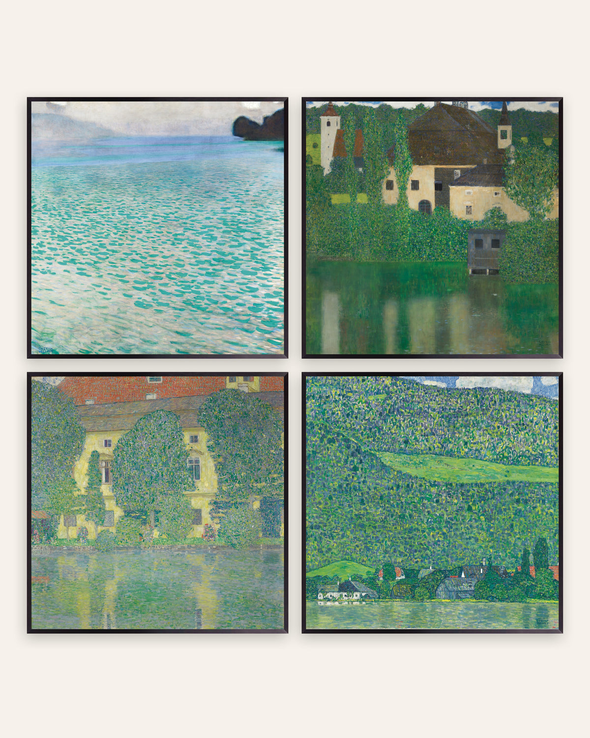 Pósters de Klimt, conjunto de 4: el Attersee, el castillo de Kammer y Litzlberg, con marcos de metal negro