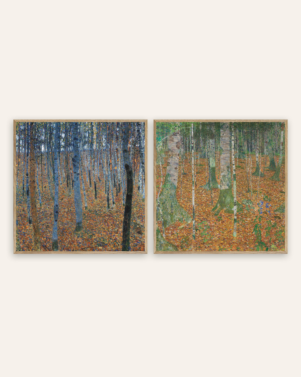 Pósters de Klimt, conjunto de 2: Hayedo I y Bosque de abedules, con marcos de roble natural