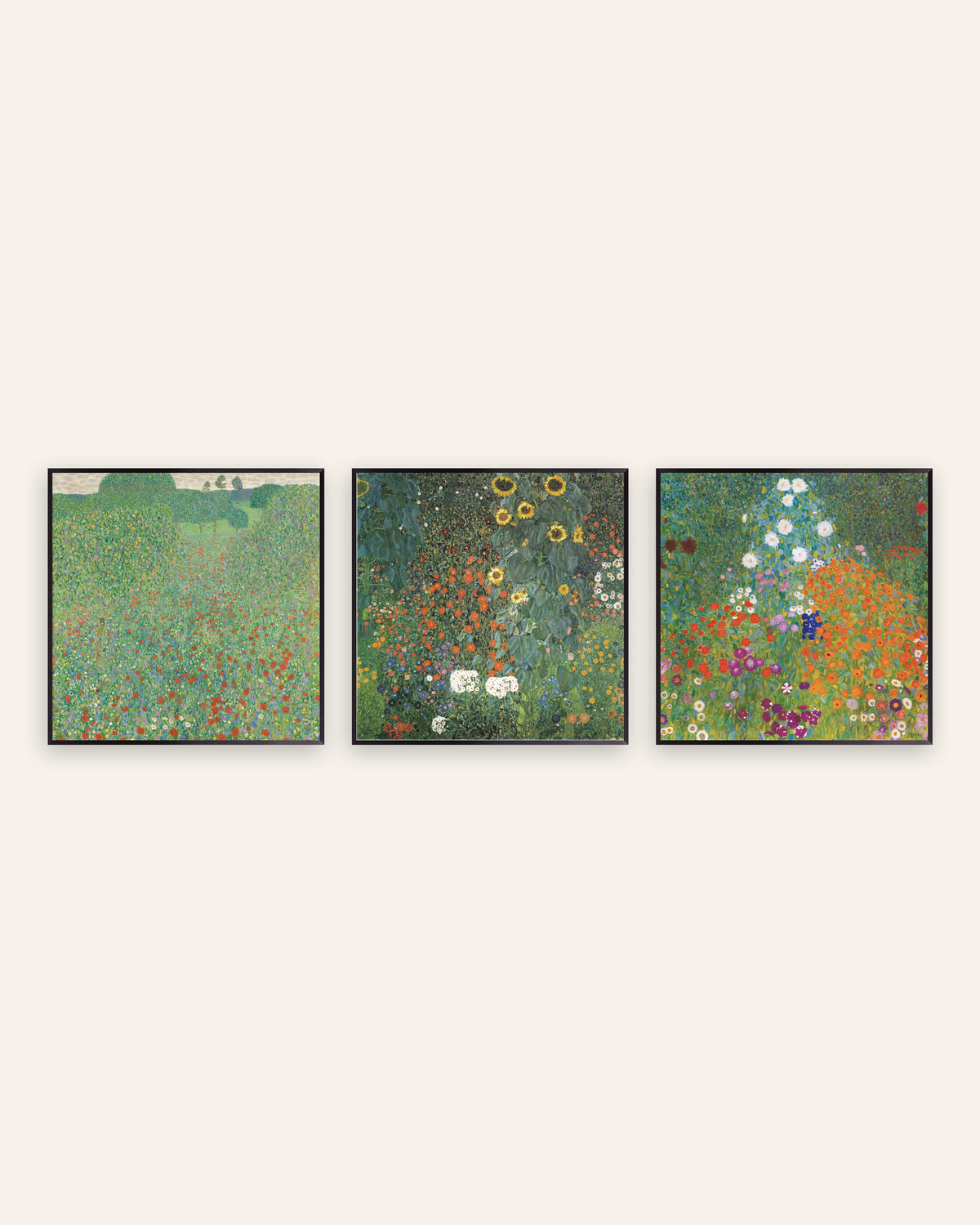 Pósters de Klimt, conjunto de 3: Campo de amapolas, Jardín con girasoles y Jardín campestre, con marcos de metal negro
