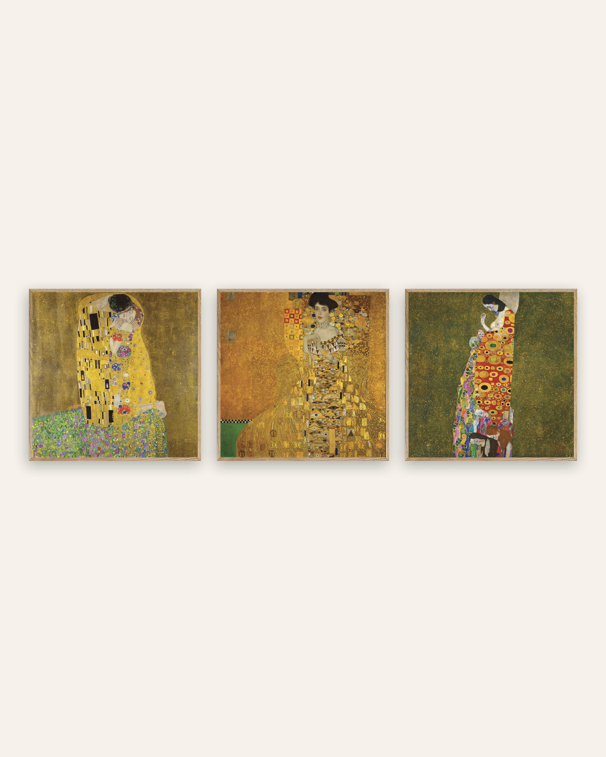 Pósters de Klimt, conjunto de 3: El beso, Adele Bloch-Bauer I y La esperanza II, con marcos de roble natural