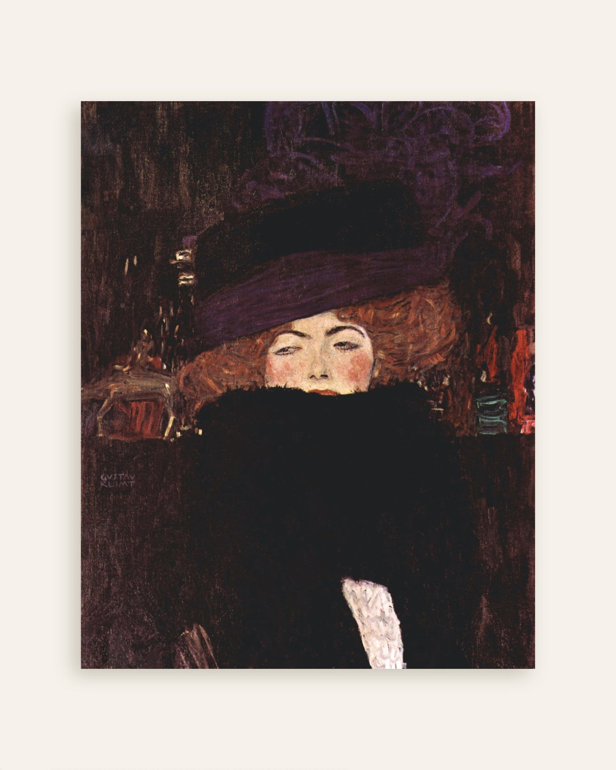 Póster de Dama con sombrero y boa de plumas (1909), de Gustav Klimt, en miniatura
