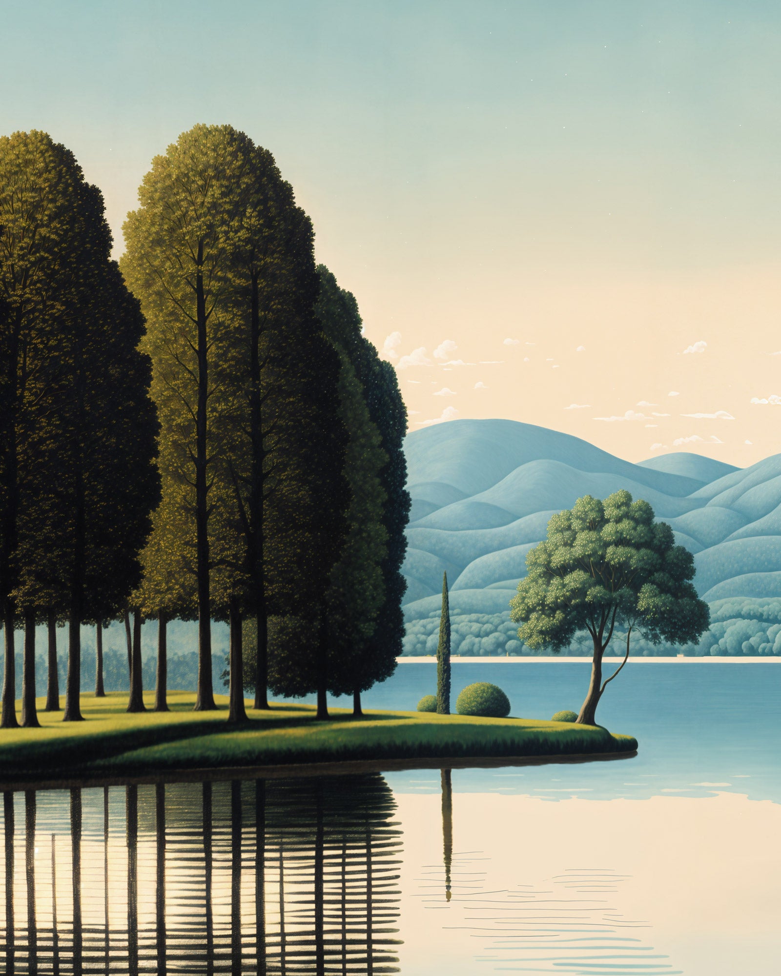 Magritte painting: Landscape with trees, a lake, and mountains