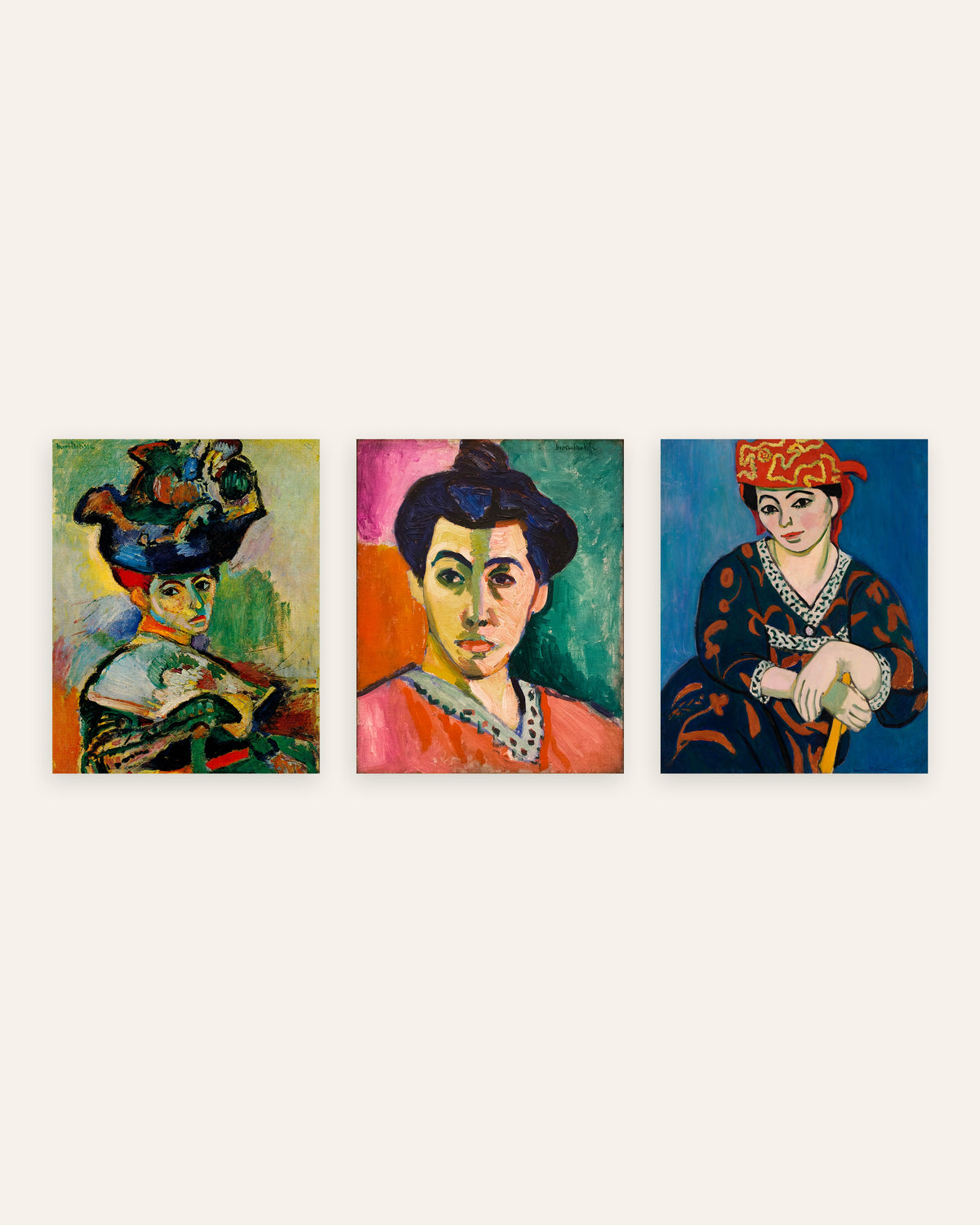 Pósters de Matisse, conjunto de 3 retratos fauvistas: Mujer con sombrero, Madame Matisse y Tocado rojo de madrás, sin marco