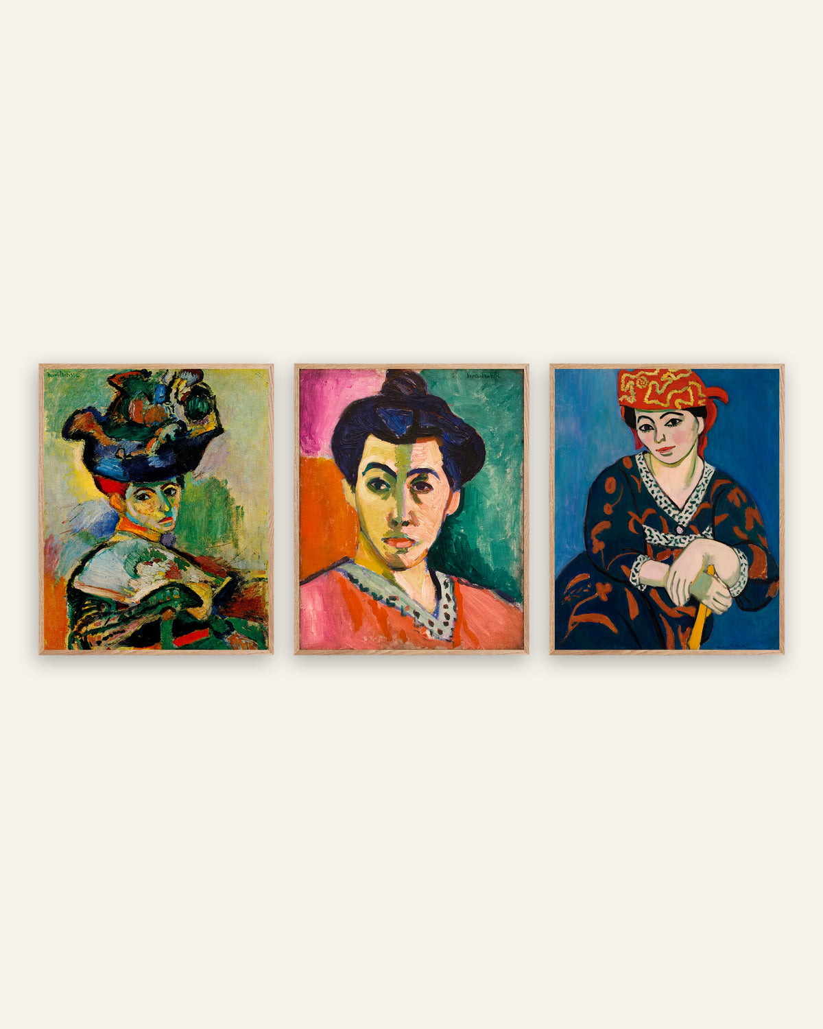 Pósters de Matisse, conjunto de 3 retratos fauvistas: Mujer con sombrero, Madame Matisse y Tocado rojo de madrás, con marcos de roble natural